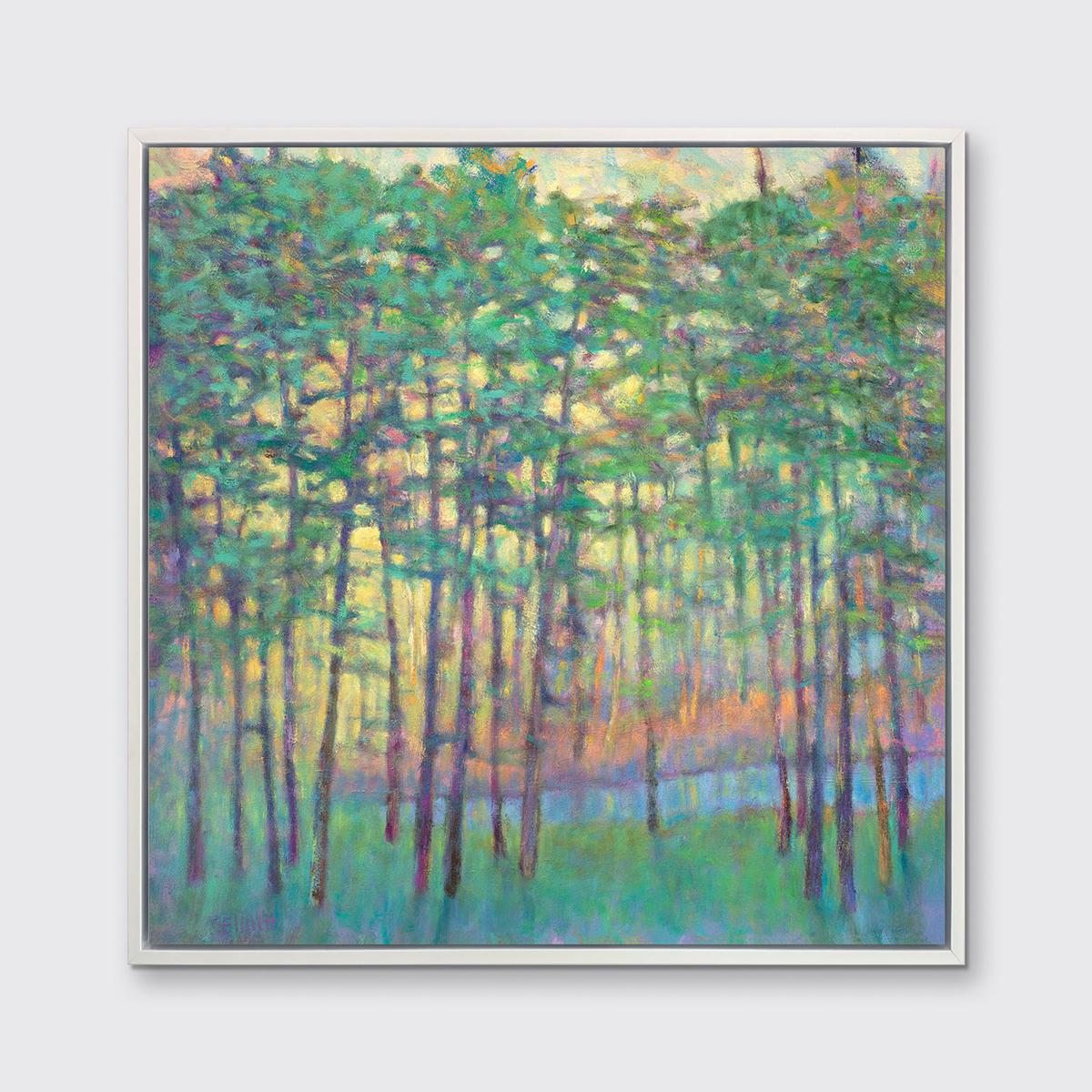 This abstract landscape limited edition print by Ken Elliott features a bright, vibrant palette and an impressionistic style. The forest scene is rendered with a vibrant green connecting the foreground and the leaves of the trees, with warmer