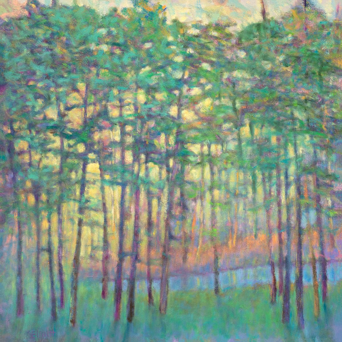 This abstract landscape limited edition print by Ken Elliott features a bright palette and an impressionistic style. The forest scene is rendered with a vibrant green connecting the foreground and the leaves of the trees, with warmer strokes of