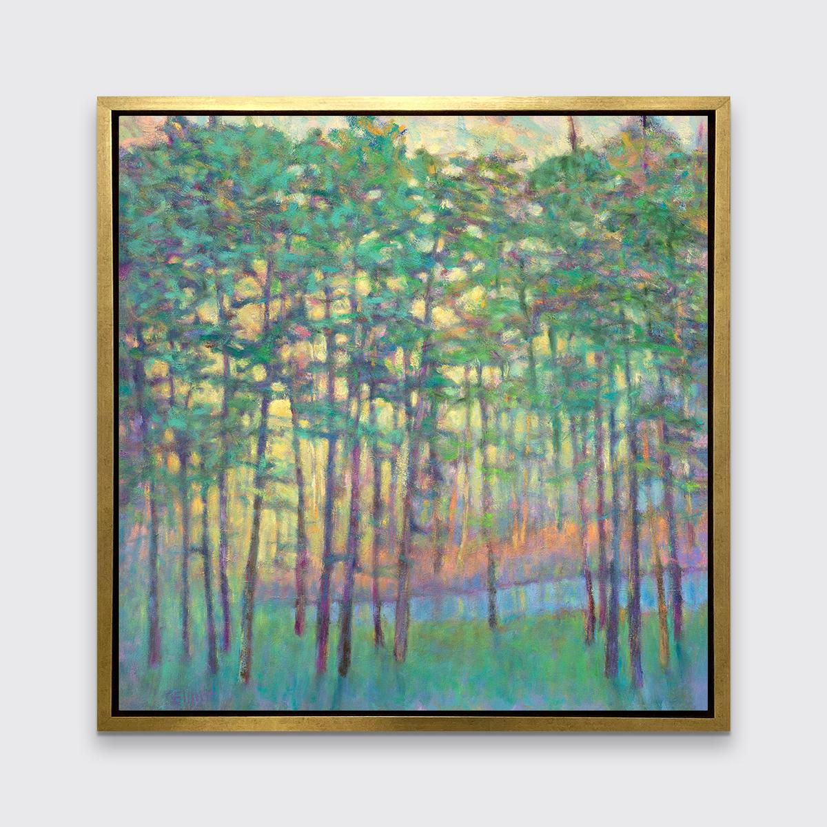 This abstract landscape limited edition print by Ken Elliott features a bright palette and an impressionistic style. The forest scene is rendered with a vibrant green connecting the foreground and the leaves of the trees, with warmer strokes of