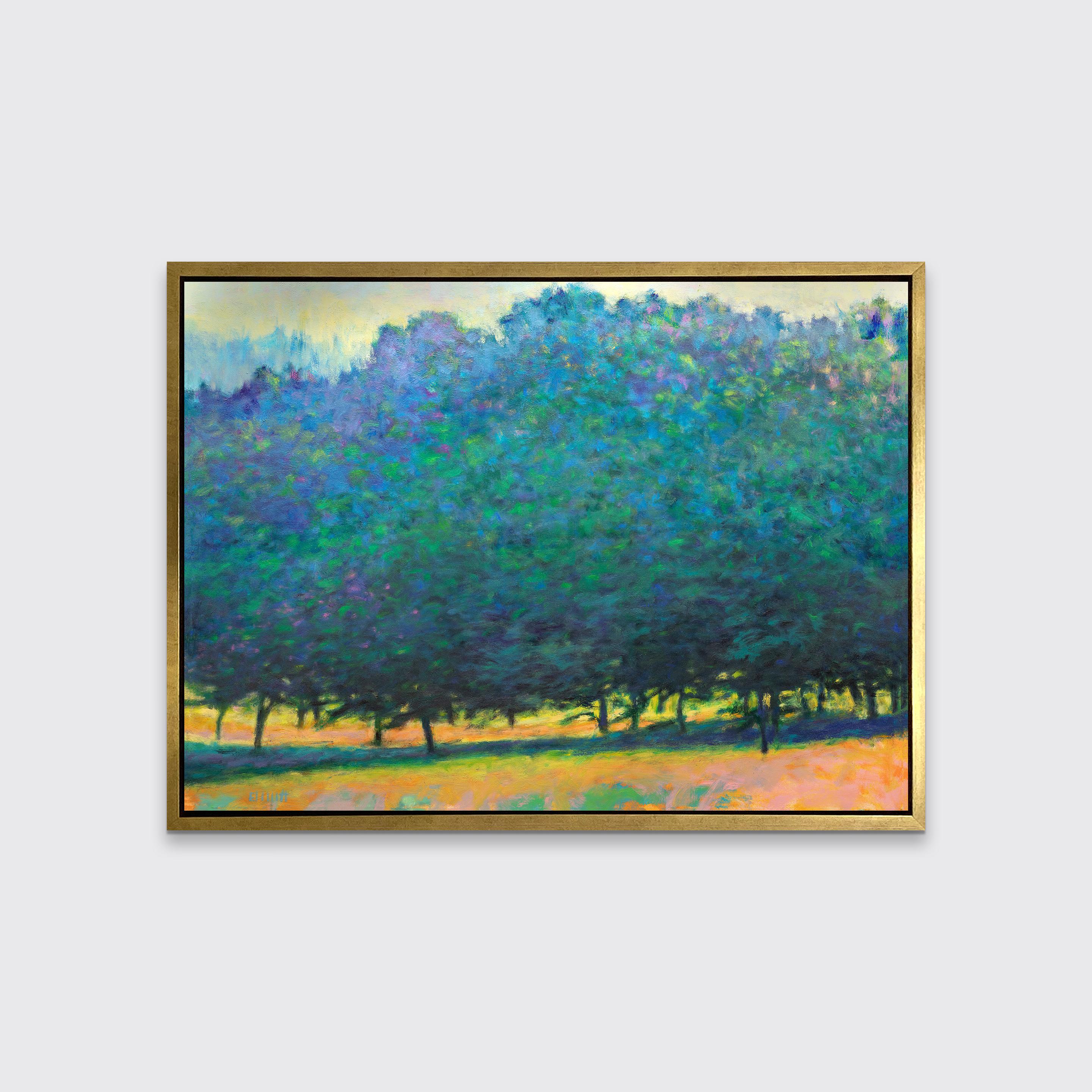 This contemporary abstract landscape limited edition print by Ken Elliott features tall, lush trees, the leaves of which are cool blue and violet tones. Small portions of the bottoms of the trunks are just visible beneath the dense forest leaves,