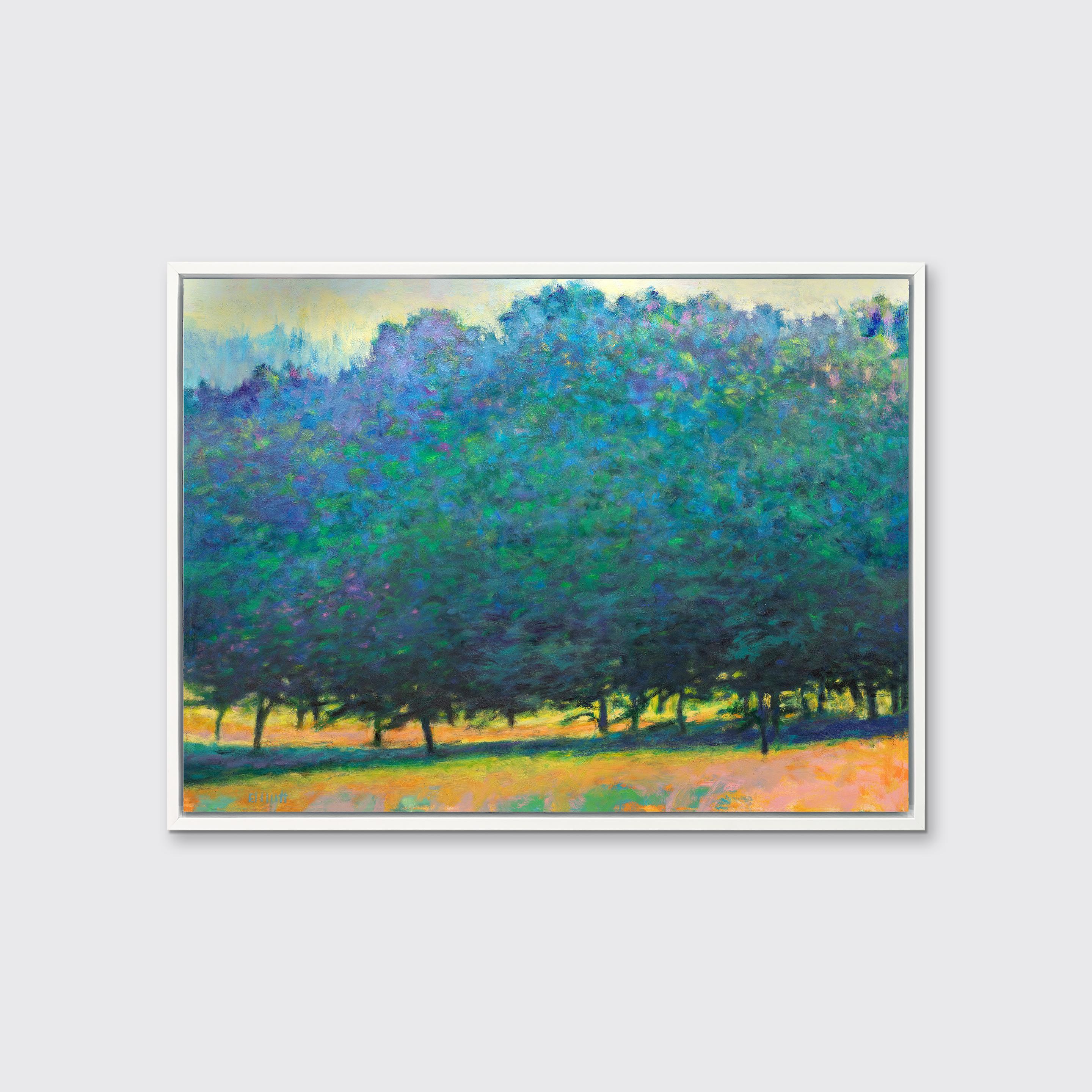 This contemporary abstract landscape limited edition print by Ken Elliott features tall, lush trees, the leaves of which are cool blue and violet tones. Small portions of the bottoms of the trunks are just visible beneath the dense forest leaves,