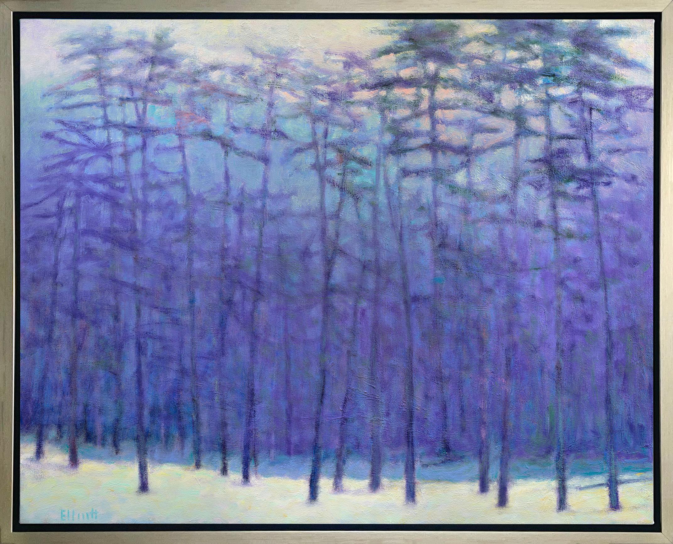 This abstract landscape limited edition print by Ken Elliott features a cool violet-blue palette, capturing an abstracted scene of a forest in the winter. The trees are depicted in shades of deep blue, with a snowy white forest floor. 

This Limited
