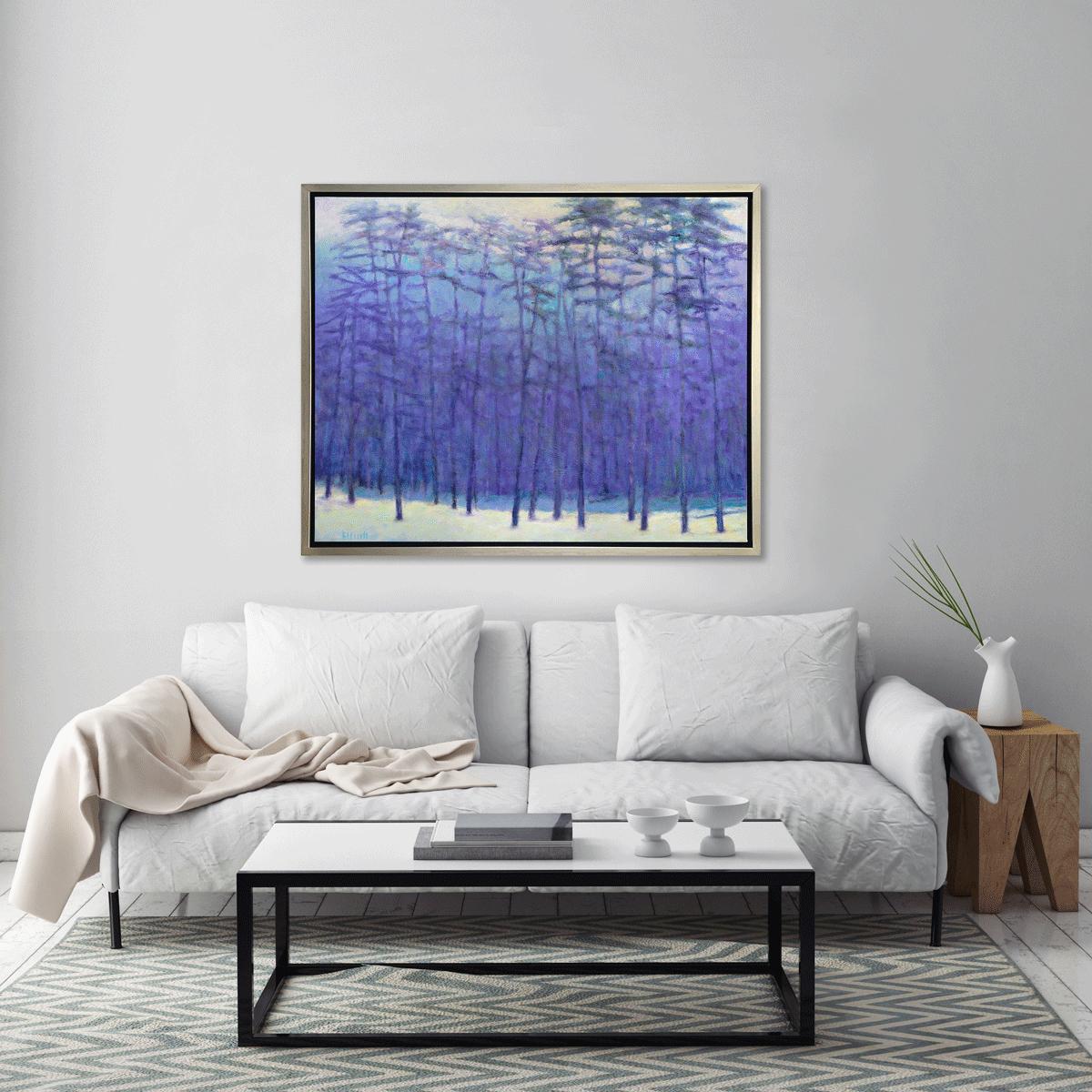 This abstract landscape limited edition print by Ken Elliott features a cool violet-blue palette, capturing an abstracted scene of a forest in the winter. The trees are depicted in shades of deep blue, with a snowy white forest floor. 

This Limited