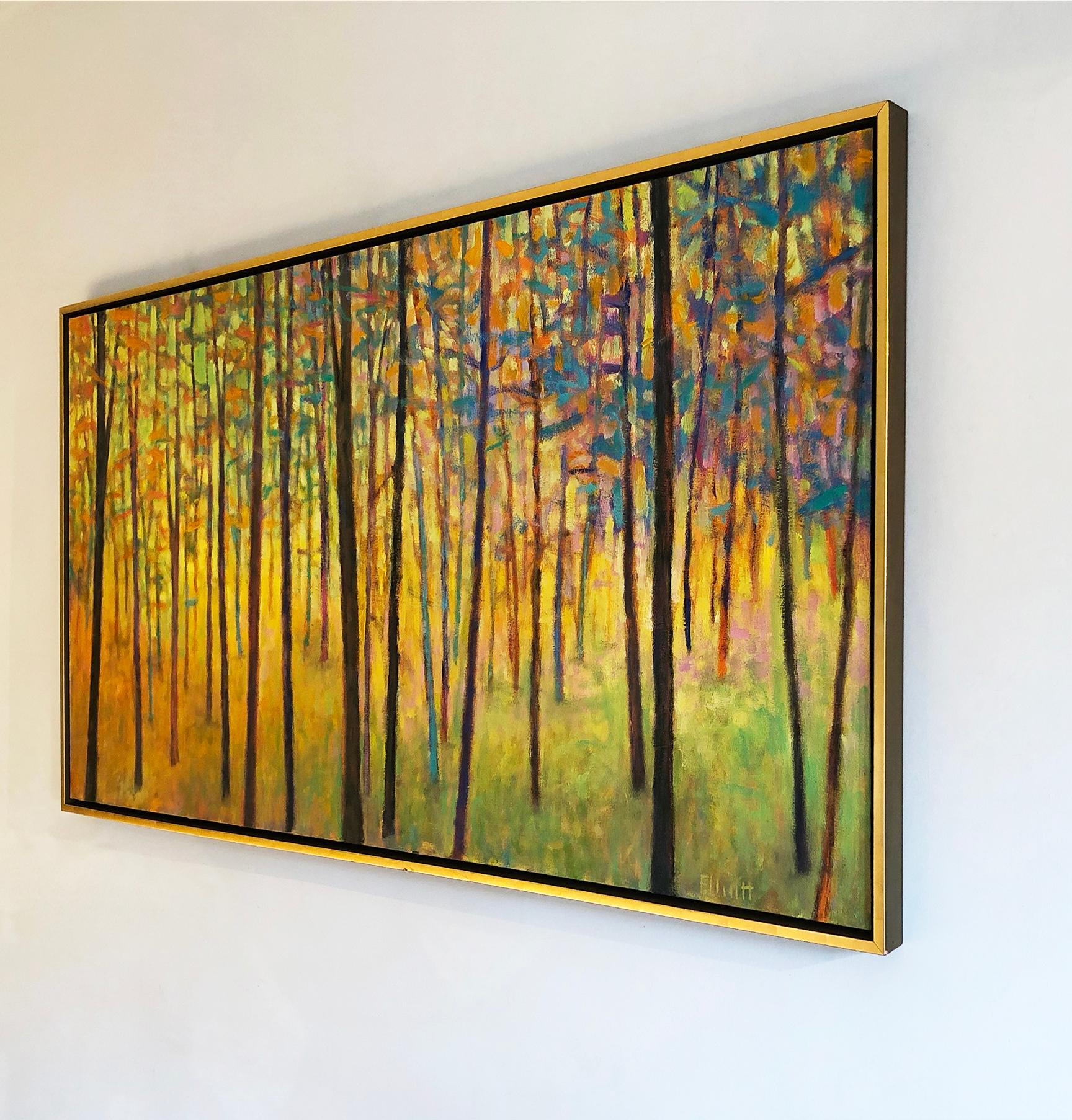 Ce paysage abstrait coloré est une impression giclée en édition limitée de Ken Elliotts, avec une édition de 195 exemplaires. Imprimée sur toile, cette giclée est livrée encadrée dans un cadre flottant doré câblé et prêt à être accroché. D'autres