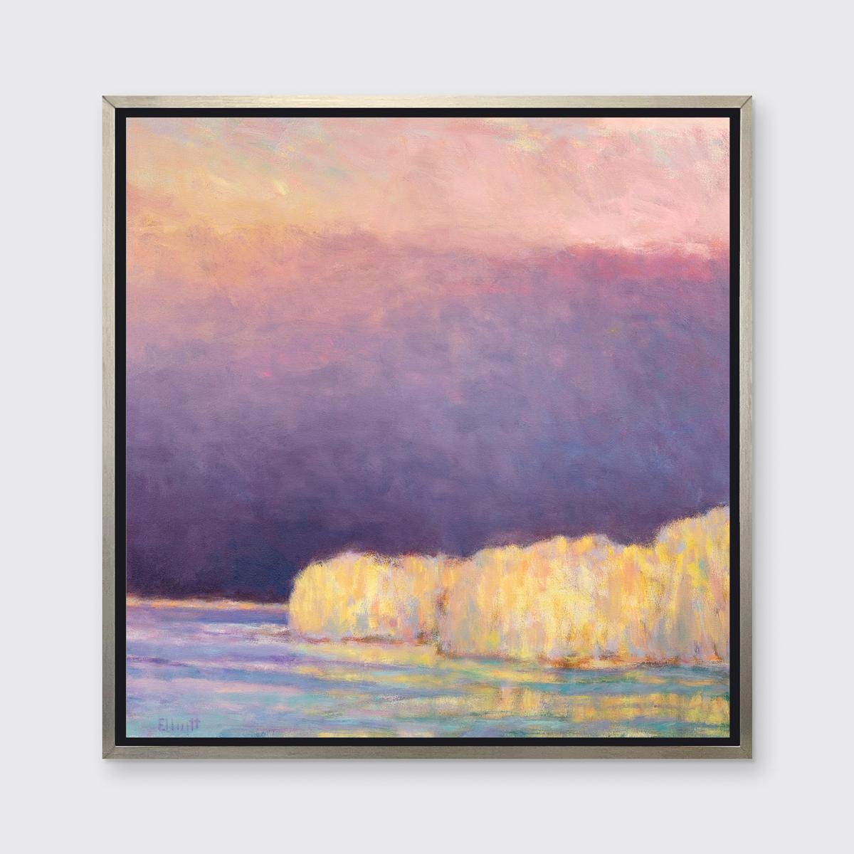 This abstract landscape limited edition print by Ken Elliott features a predominately cool violet palette, which is offset by the warm yellow trees in the foreground, which are reflected in the ground beneath it. It is an edition size of 195.