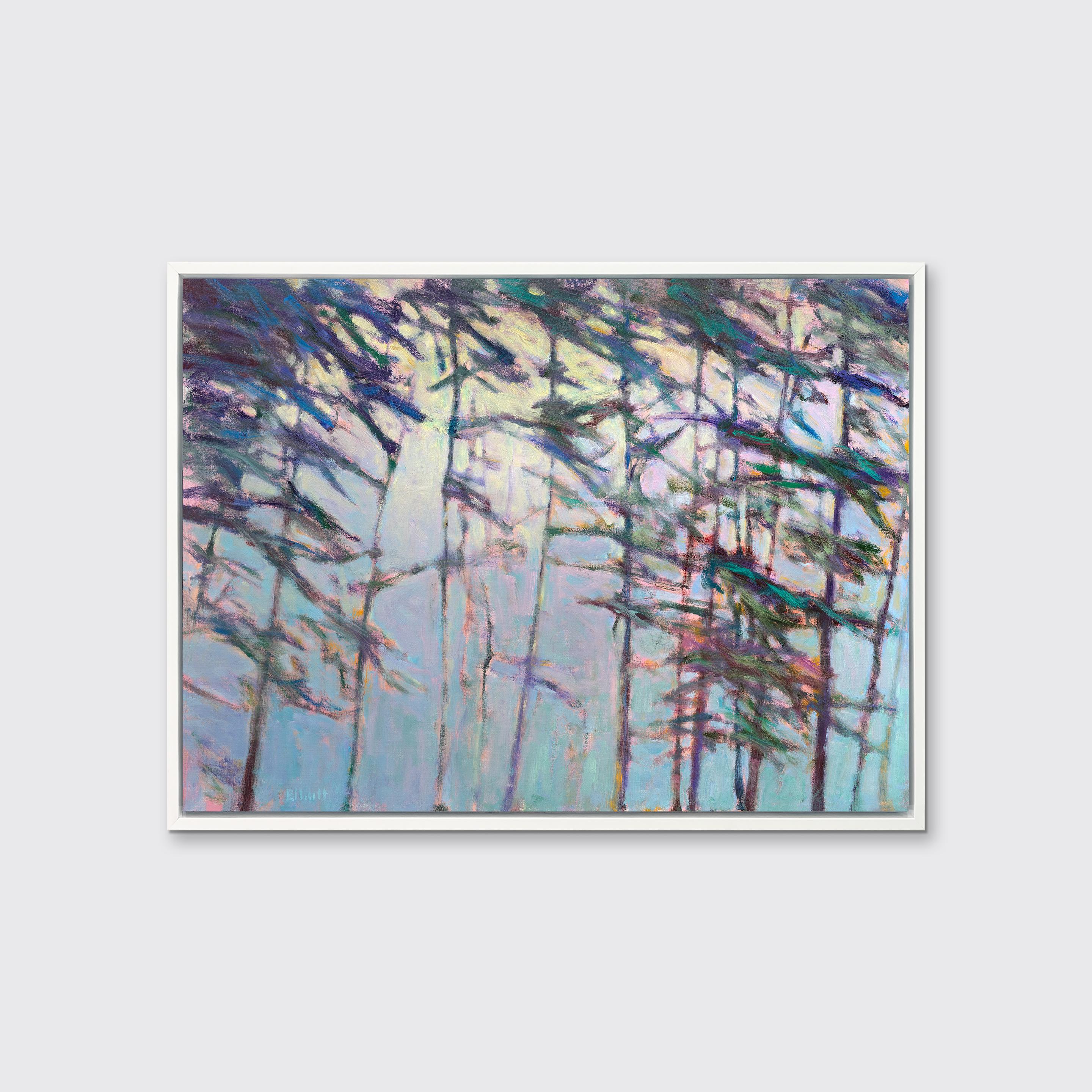 This contemporary abstract landscape limited edition giclee print by Ken Elliott features abstracted trees in a cool-toned palette. The energetic blue and violet brush strokes that make up the tree trunks and leaves are warmed by a deep pink accent
