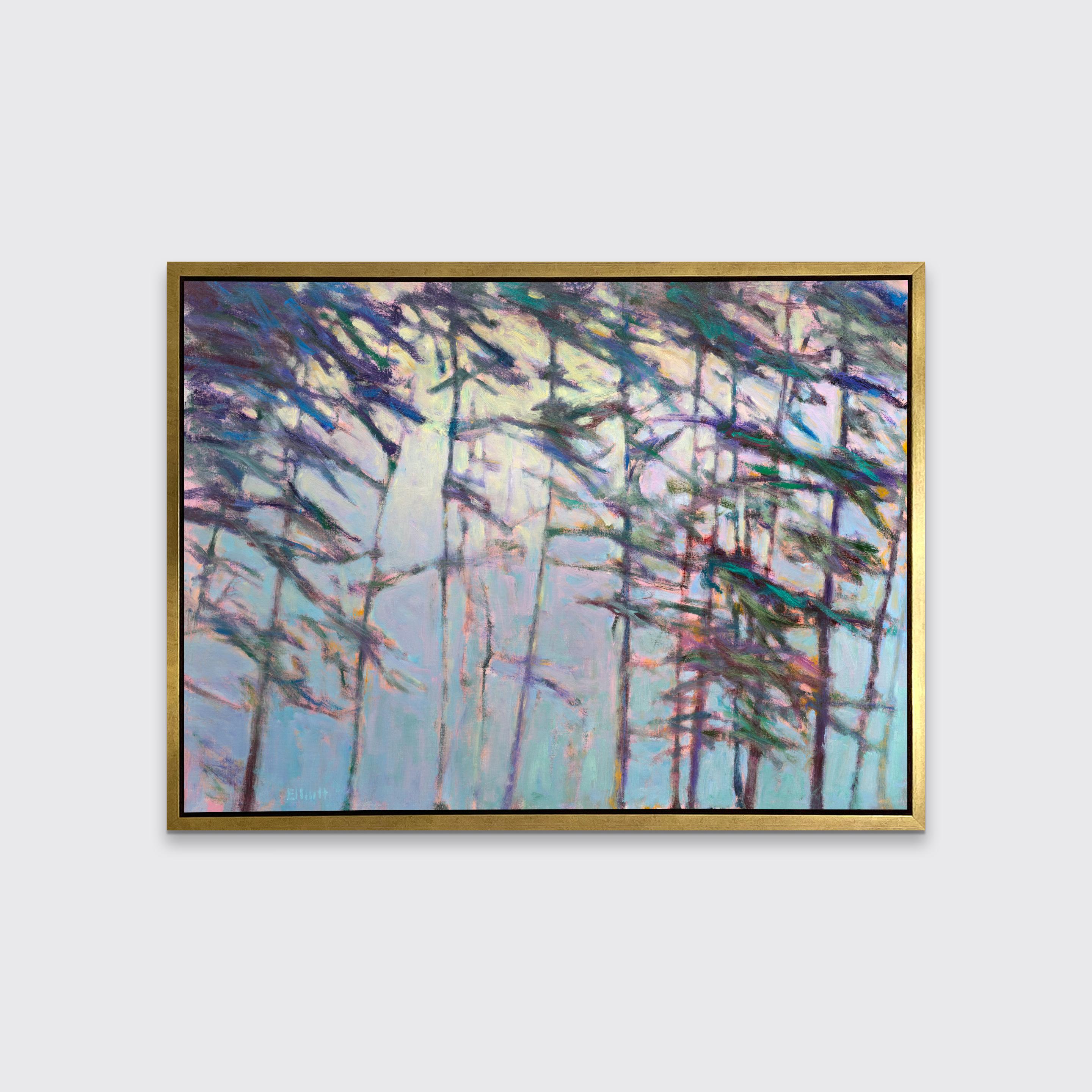 This contemporary abstract landscape limited edition giclee print by Ken Elliott features abstracted trees in a cool-toned palette. The energetic blue and violet brush strokes that make up the tree trunks and leaves are warmed by a deep pink accent