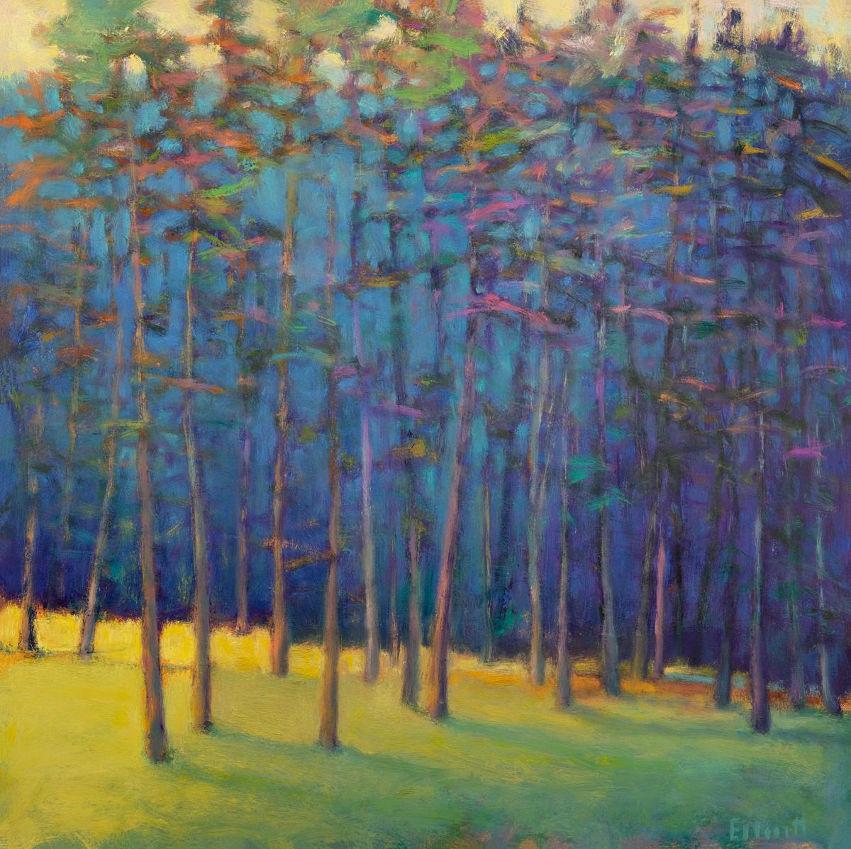 This abstract landscape limited edition print by Ken Elliott is made with oil paint features a forest scene with a bold, contrasting palette of cool, deep blues that are accented by vibrant yellow, pink, and orange throughout. 


