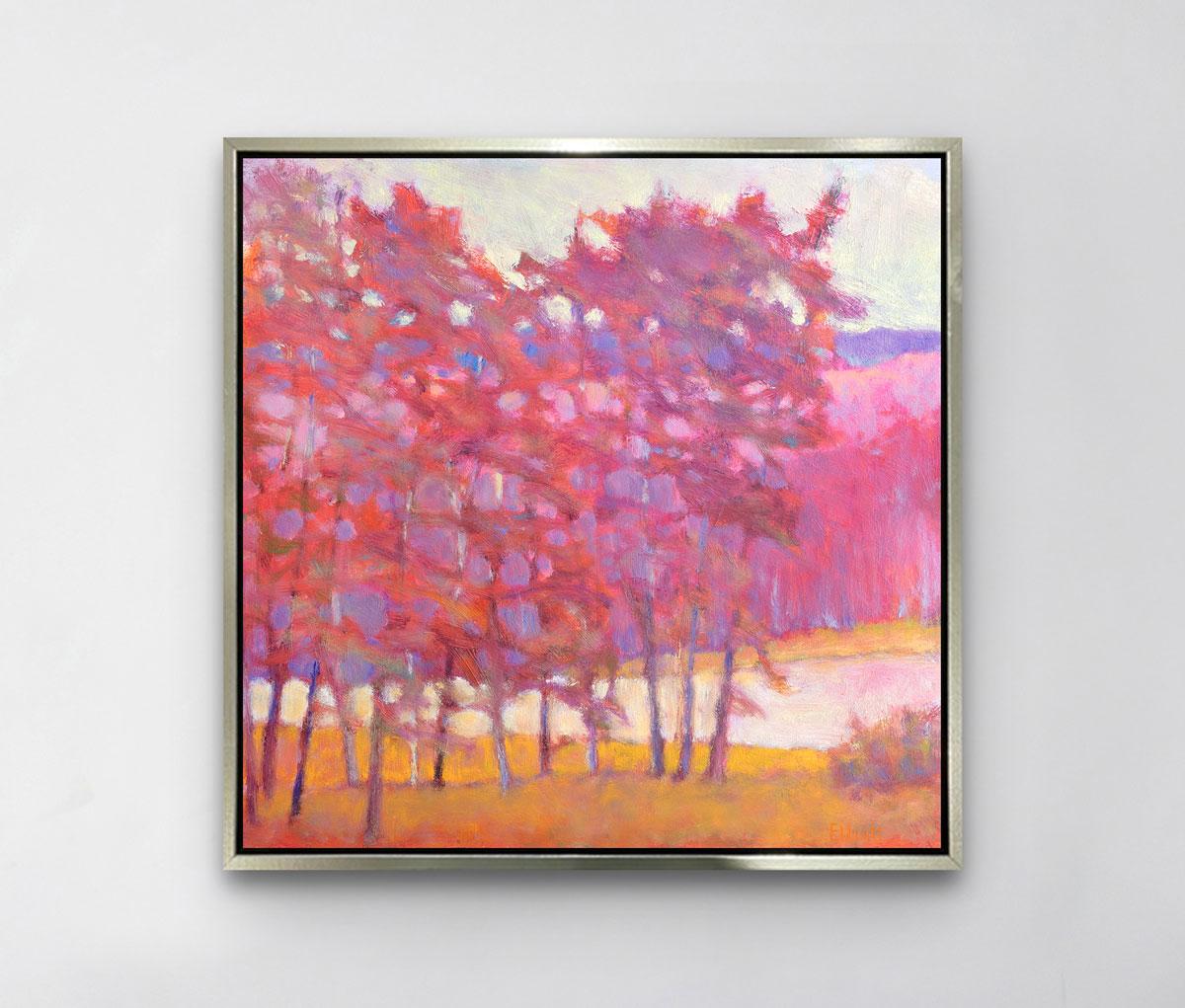 Dieses farbenfrohe, abstrakte Landschaftsbild ist ein limitierter Giclee-Druck von Ken Elliott mit einer Auflage von 195 Stück. Dieses auf Leinwand gedruckte Giclee wird in einem goldenen Schweberahmen gerahmt, verdrahtet und aufhängefertig