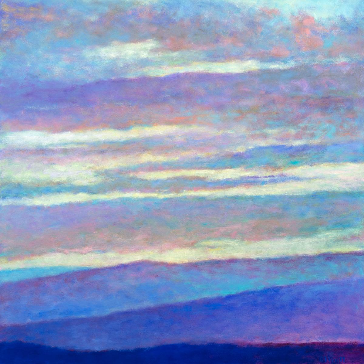 This abstract landscape limited edition print by Ken Elliott features a cool blue and violet palette, capturing hills underneath thick clouds, with contrasting accents of warm yellow peaking out throughout the sky. 

This Limited Edition giclee