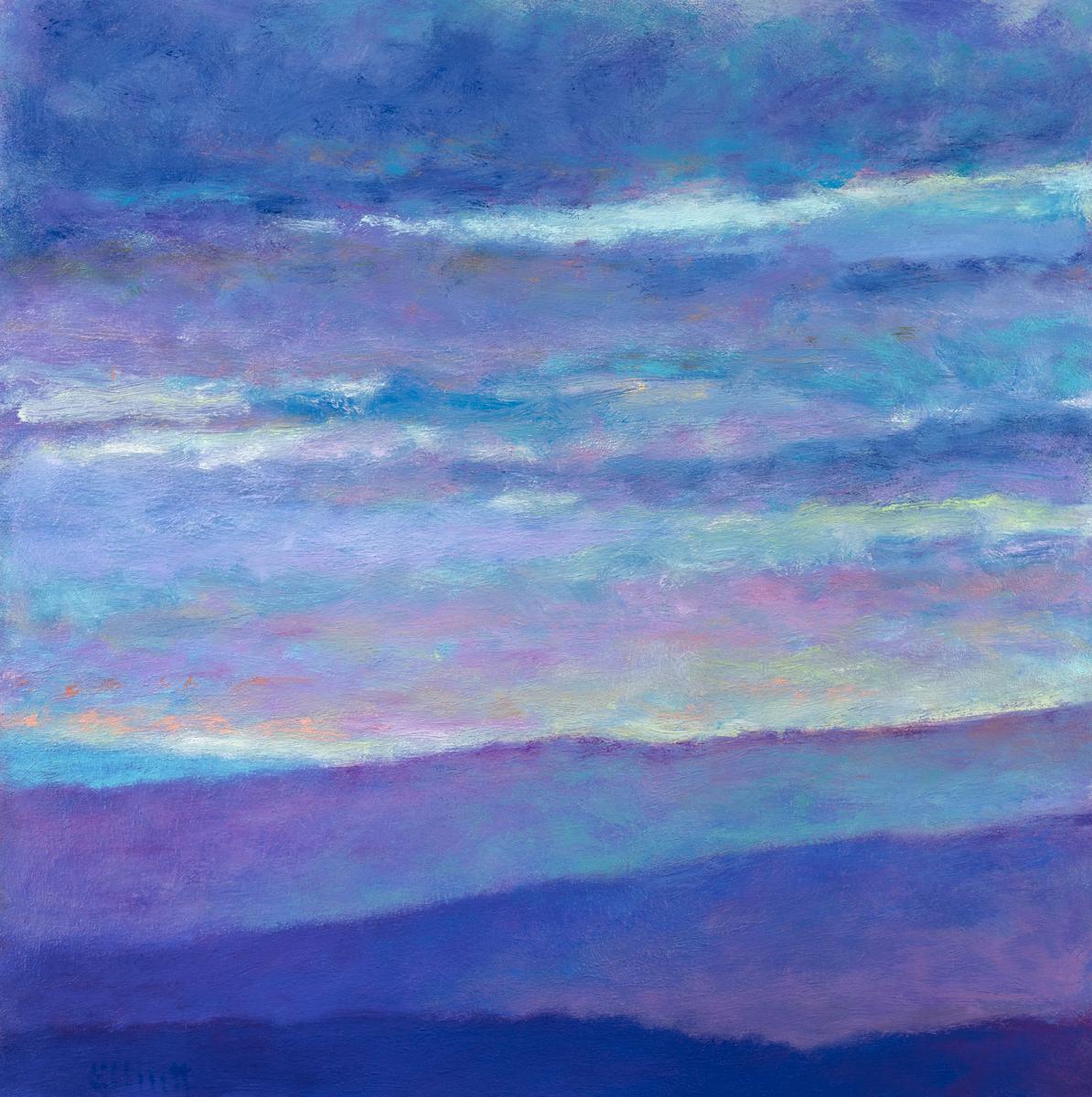 This contemporary abstract landscape limited edition print by Ken Elliott features a cool blue and violet palette, capturing rolling hills underneath thick, hazy clouds, with contrasting accents of warm yellow peaking out throughout the sky. 

This