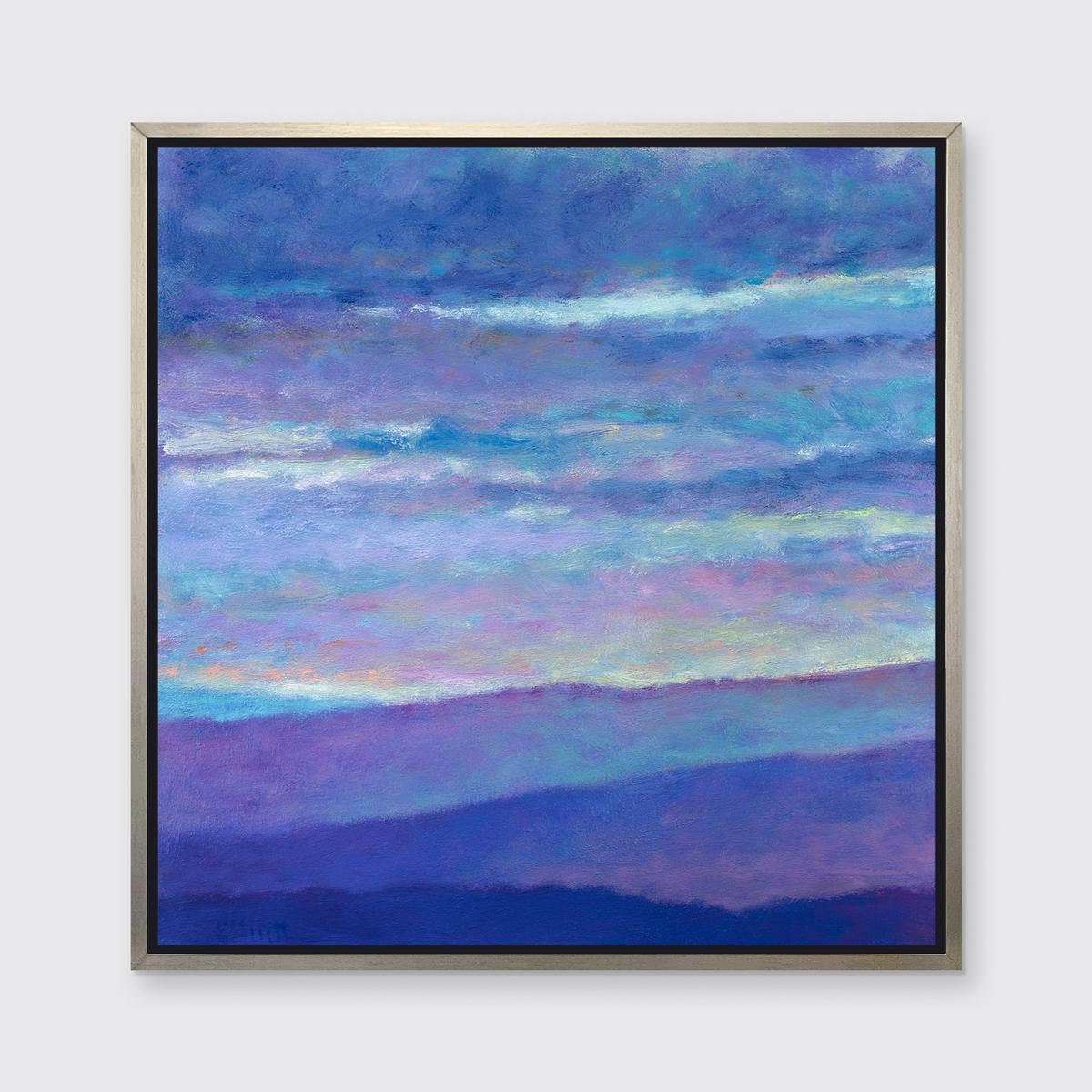 This contemporary abstract landscape limited edition print by Ken Elliott features a cool blue and violet palette, capturing rolling hills underneath thick, hazy clouds, with contrasting accents of warm yellow peaking out throughout the sky. 

This