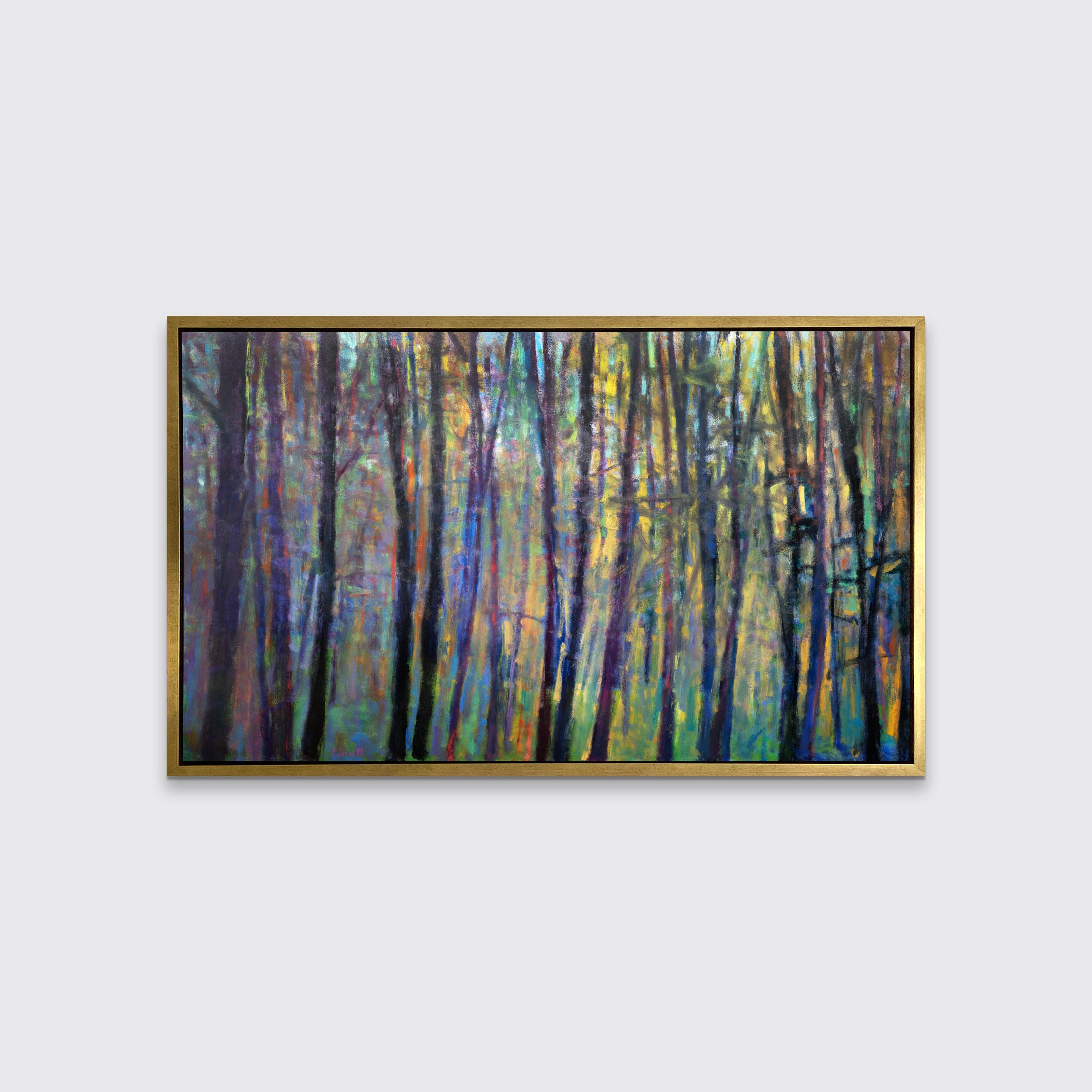 This contemporary abstract landscape limited edition print by Ken Elliott features multi-colored tree trunks and foliage extend from the bottom of the canvas up to the top, with a range of color combining in energized strokes to create the feeling
