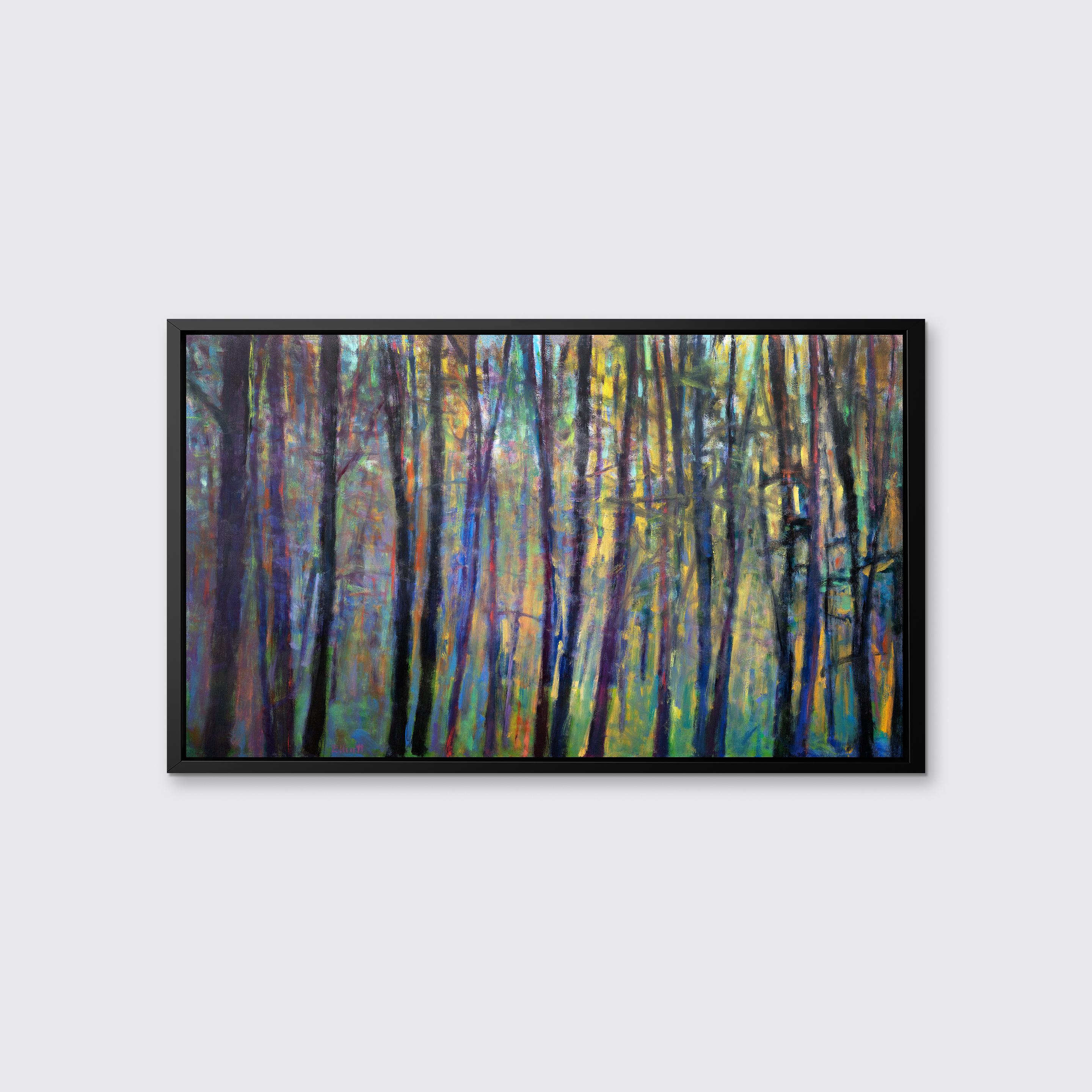 This contemporary abstract landscape limited edition print by Ken Elliott features multi-colored tree trunks and foliage extend from the bottom of the canvas up to the top, with a range of color combining in energized strokes to create the feeling