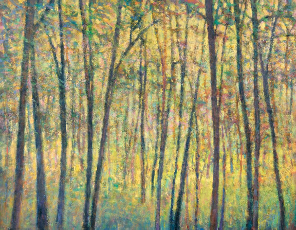 This abstract landscape limited edition print by Ken Elliott features a warm palette and impressionistic style. It pictures a forest-scape with thin, dark tree trunks, surrounded by bright yellow and warmer dabs of lavender, teal, and red. 

