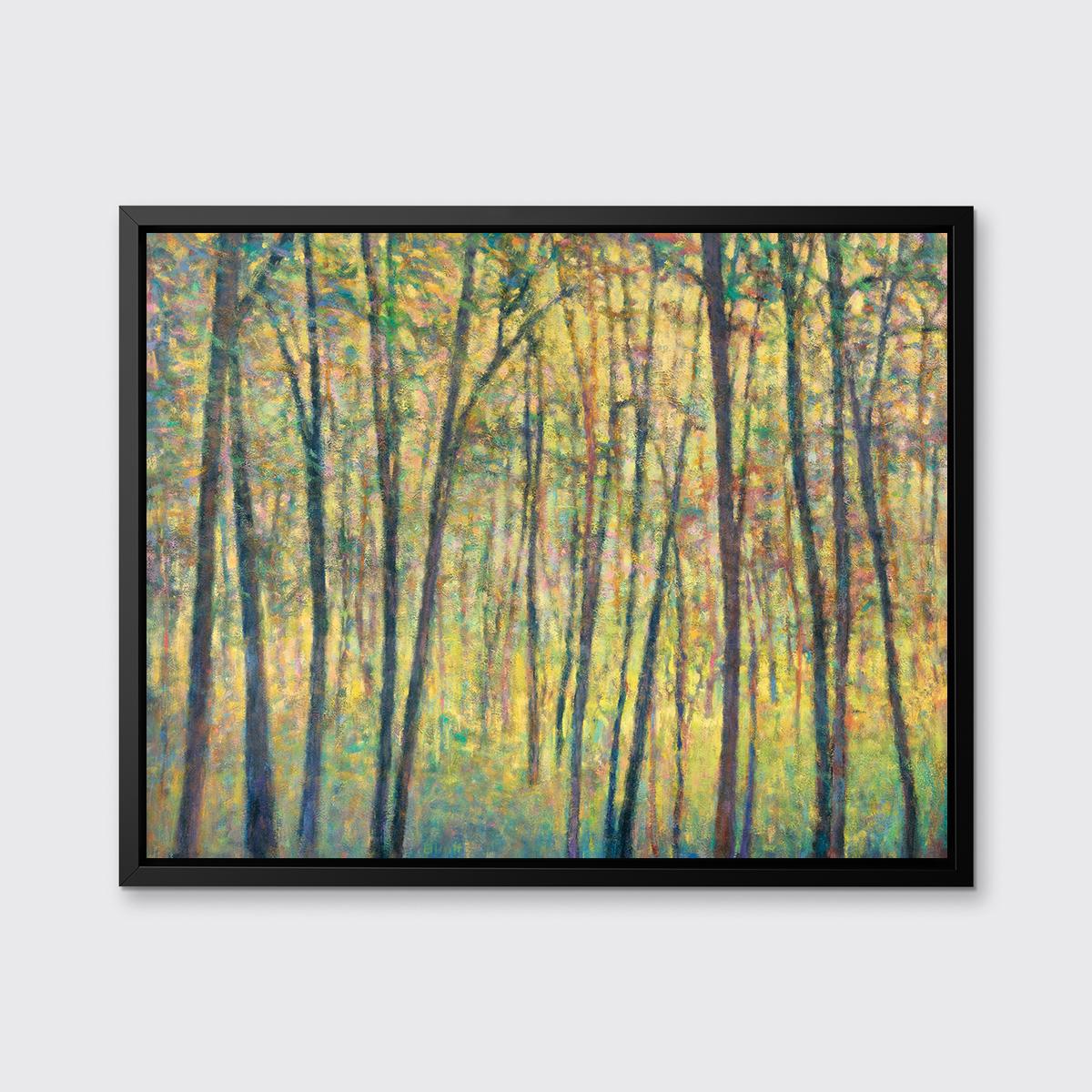This abstract landscape limited edition print by Ken Elliott features a warm palette and impressionistic style. It pictures a forest-scape with thin, dark tree trunks, surrounded by bright yellow and warmer dabs of lavender, teal, and red. 

