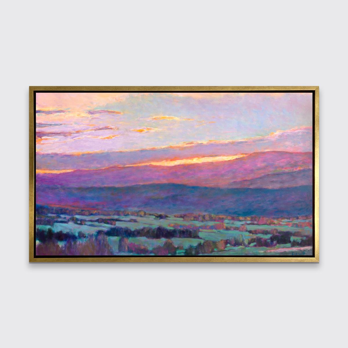 This colorful abstract landscape piece is a Limited-Edition giclee print by Ken Elliott with an edition of 195. Printed on canvas, this giclee ships framed in a gold floater frame wired and ready to hang. Other floater frame options are available in
