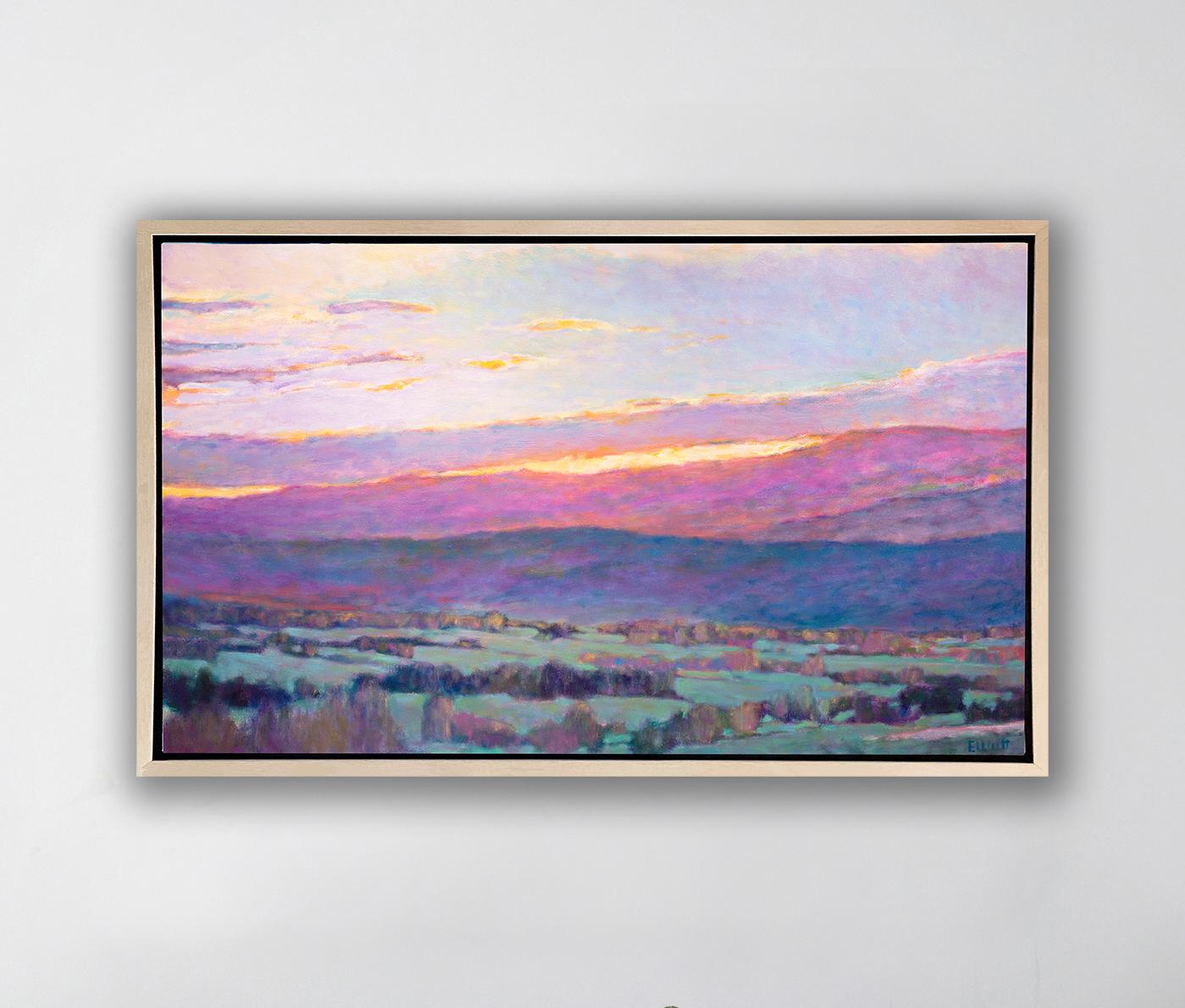 This colorful abstract landscape piece is a Limited-Edition giclee print by Ken Elliott with an edition of 195. Printed on canvas, this giclee ships framed in a gold floater frame wired and ready to hang. Other floater frame options are available in