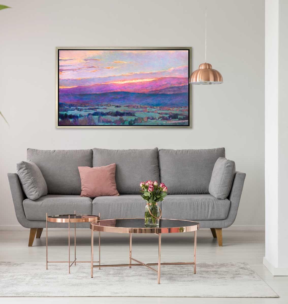 This colorful abstract landscape piece is a Limited-Edition giclee print by Ken Elliott with an edition of 195. Printed on canvas, this giclee ships framed in a gold floater frame wired and ready to hang. Other floater frame options are available in