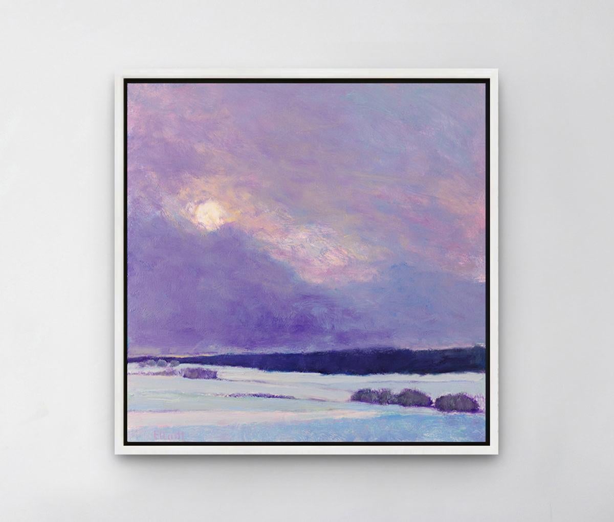 This colorful abstract landscape piece is a Limited-Edition giclee print by Ken Elliott with an edition of 195. Printed on canvas, this giclee ships framed in a silver floater frame wired and ready to hang. Other floater frame options are available