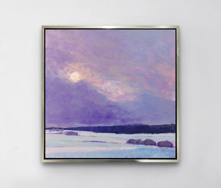 This colorful abstract landscape piece is a Limited-Edition giclee print by Ken Elliott with an edition of 195. Printed on canvas, this giclee ships framed in a silver floater frame wired and ready to hang. Other floater frame options are available