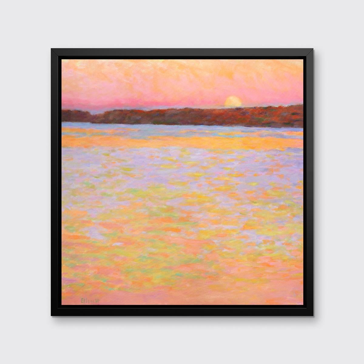 This abstract landscape limited edition print by Ken Elliott features a warm, vibrant palette and captures a landscape with the sun just along the horizon. The painting has an impressionistic style, with green, orange, blue, and pink layered