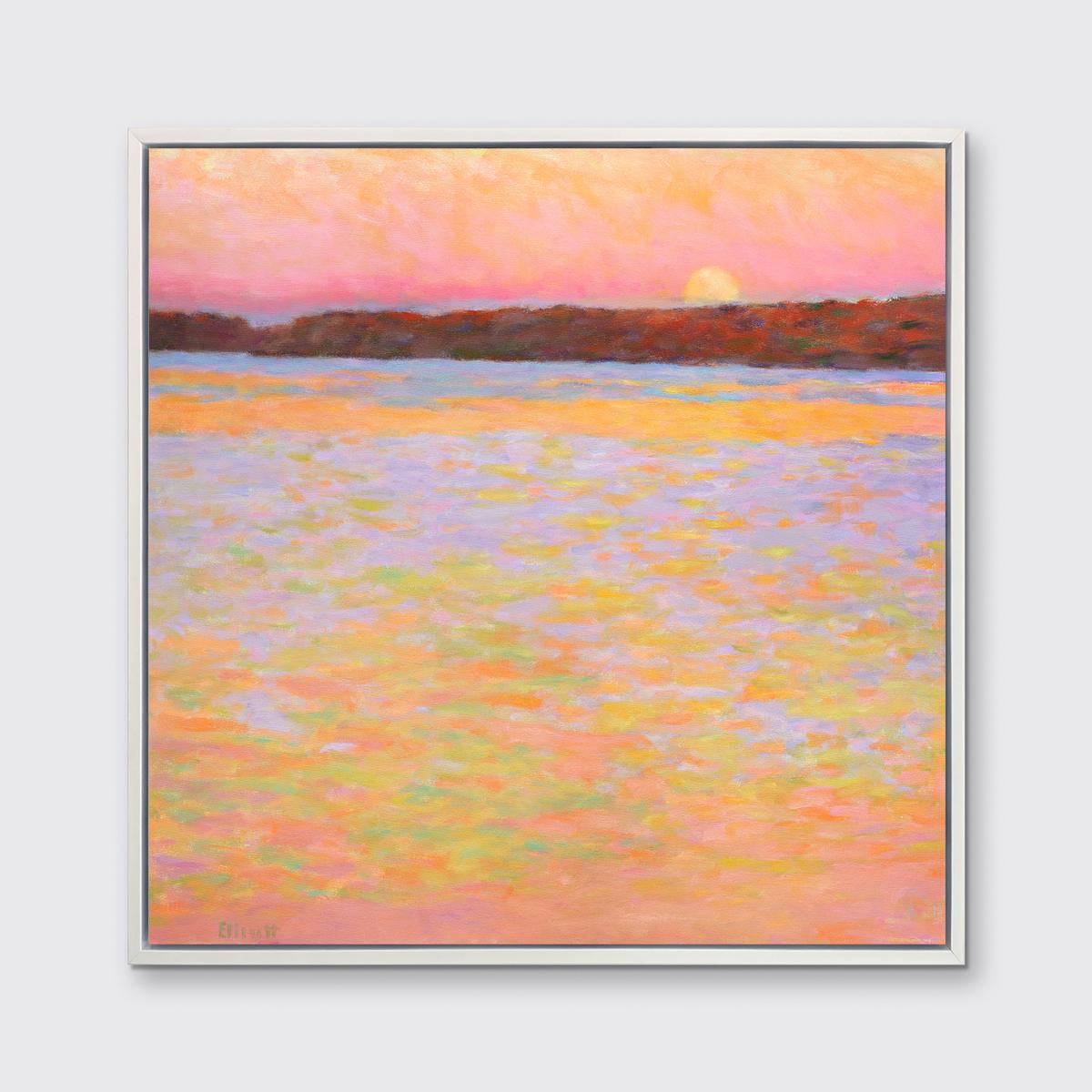 This abstract landscape limited edition print by Ken Elliott features a warm, vibrant palette and captures a landscape with the sun just along the horizon. The painting has an impressionistic style, with green, orange, blue, and pink layered