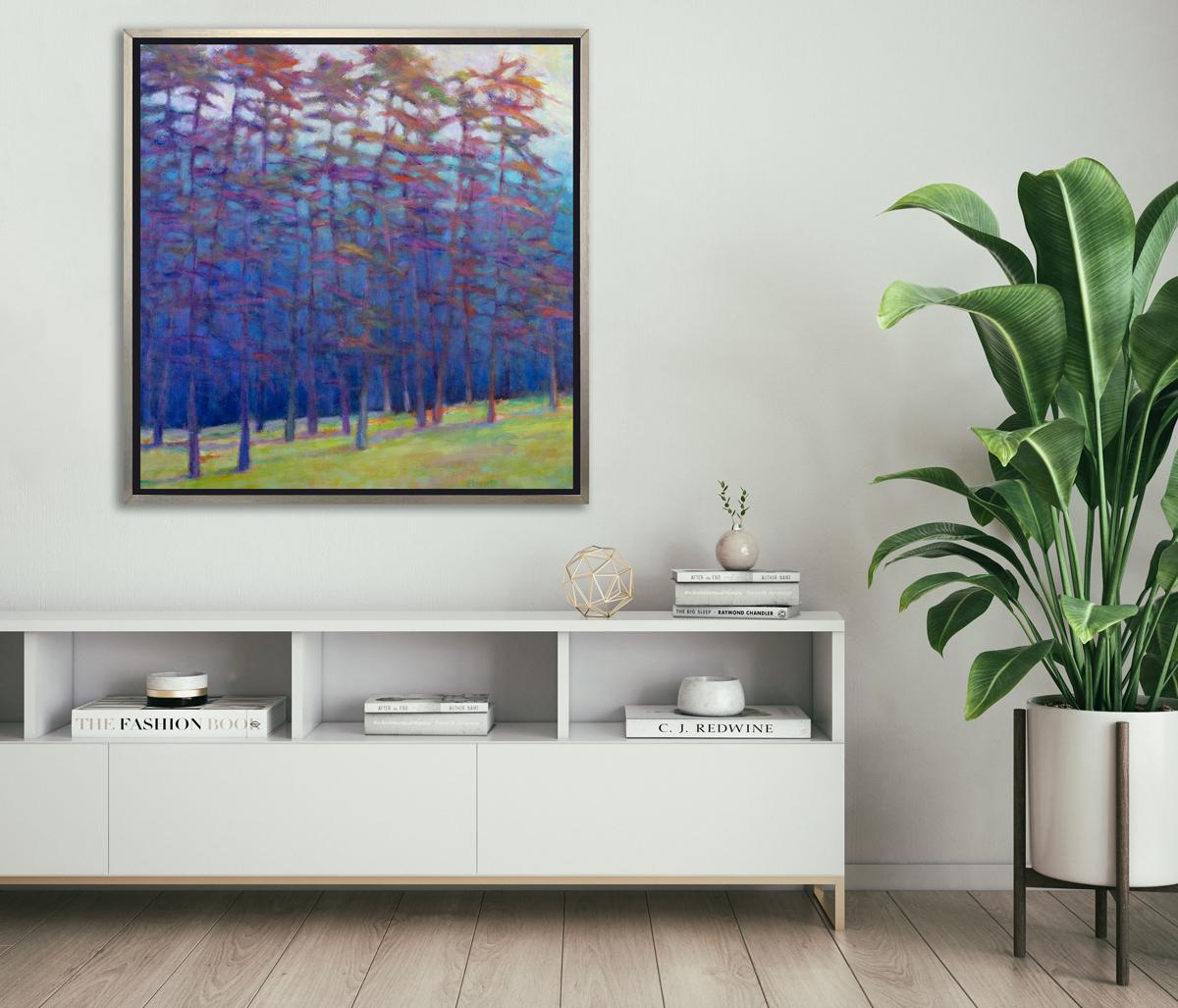 This abstract landscape limited edition print by Ken Elliott depicts an abstracted forestscape, with cool blue and violet trees and a yellow-green forest floor. The cool blues are contrasted by light, saturated dabs of warmer tones throughout,