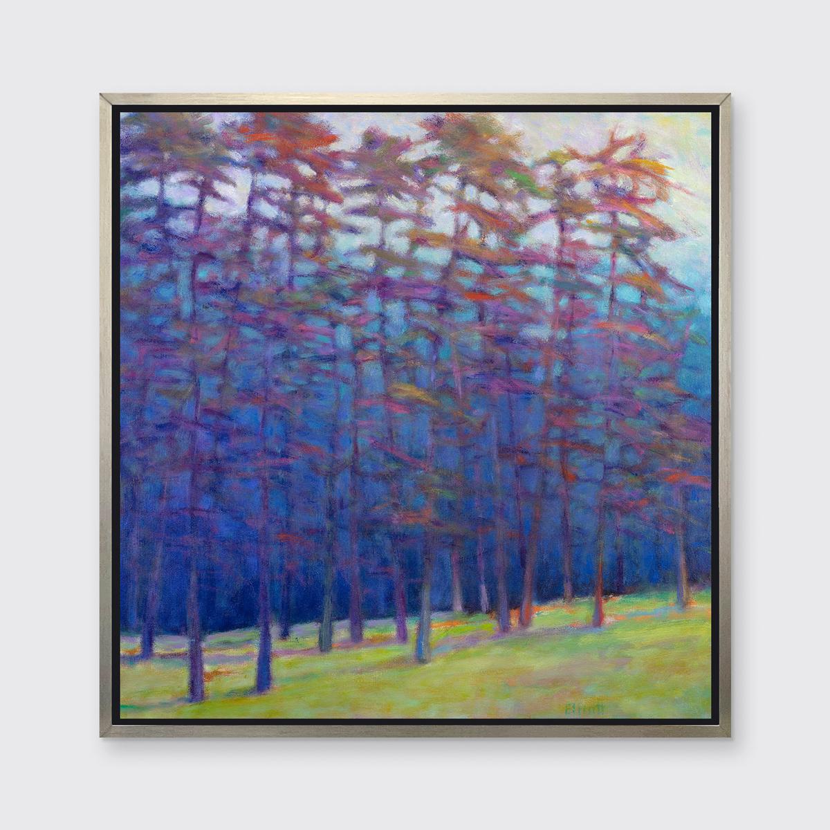 Dieser abstrakte Landschaftsdruck von Ken Elliott in limitierter Auflage zeigt eine abstrahierte Waldlandschaft mit kühlen blauen und violetten Bäumen und einem gelbgrünen Waldboden. Die kühlen Blautöne werden durch helle, gesättigte Tupfer in