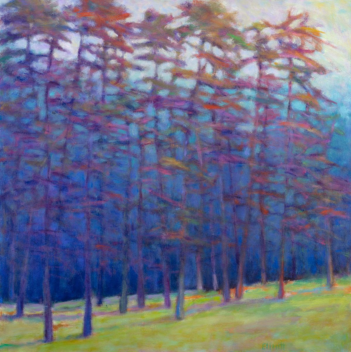 This abstract landscape limited edition print by Ken Elliott depicts an abstracted forestscape, with cool blue and violet trees and a yellow-green forest floor. The cool blues are contrasted by light, saturated dabs of warmer tones throughout,