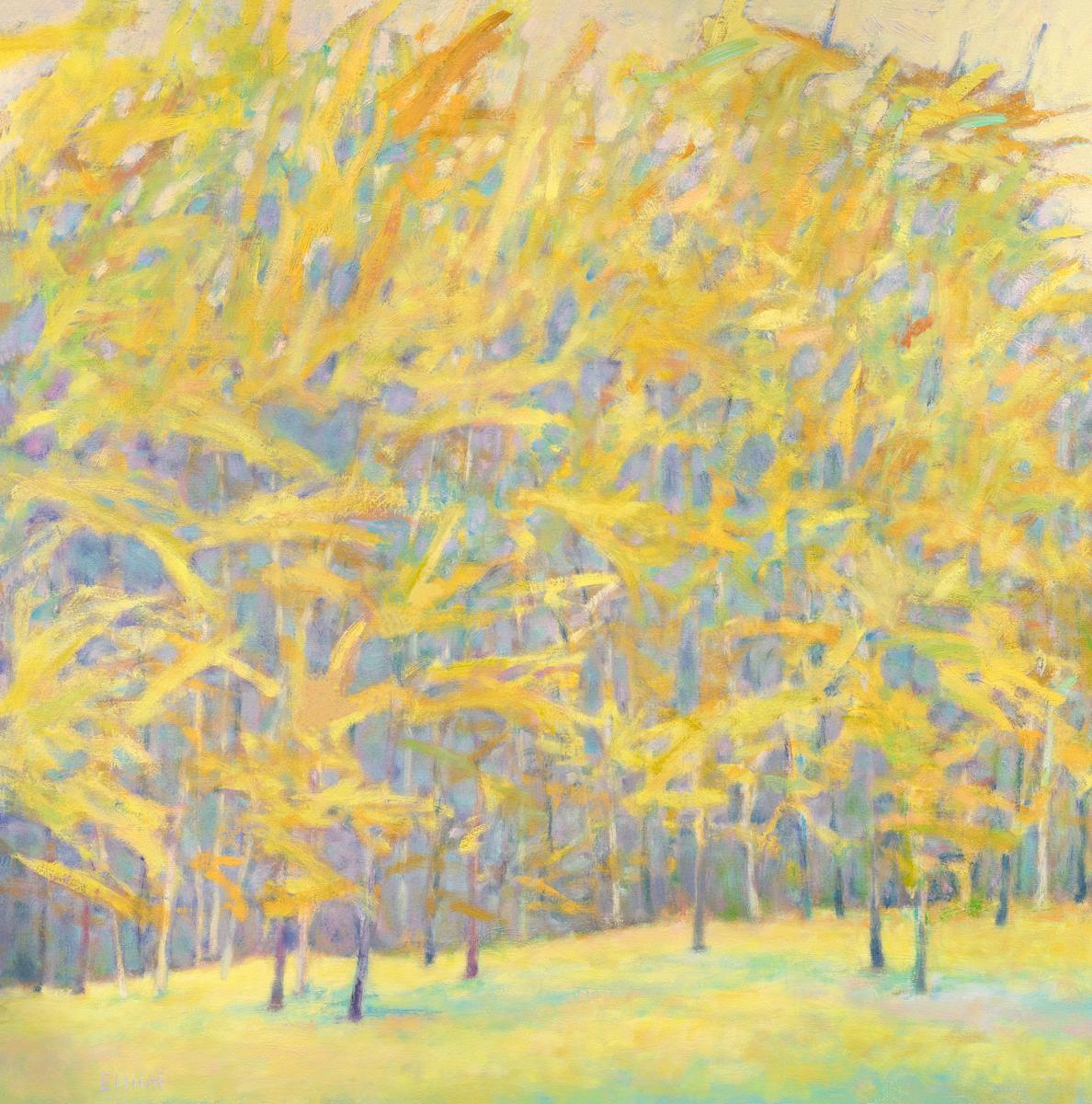 This abstract landscape limited edition print by Ken Elliott features a forest-scape with bright yellow tree leaves which are mirrored by the yellow foreground, all of which is complemented by the light violet shadows between the trees and light
