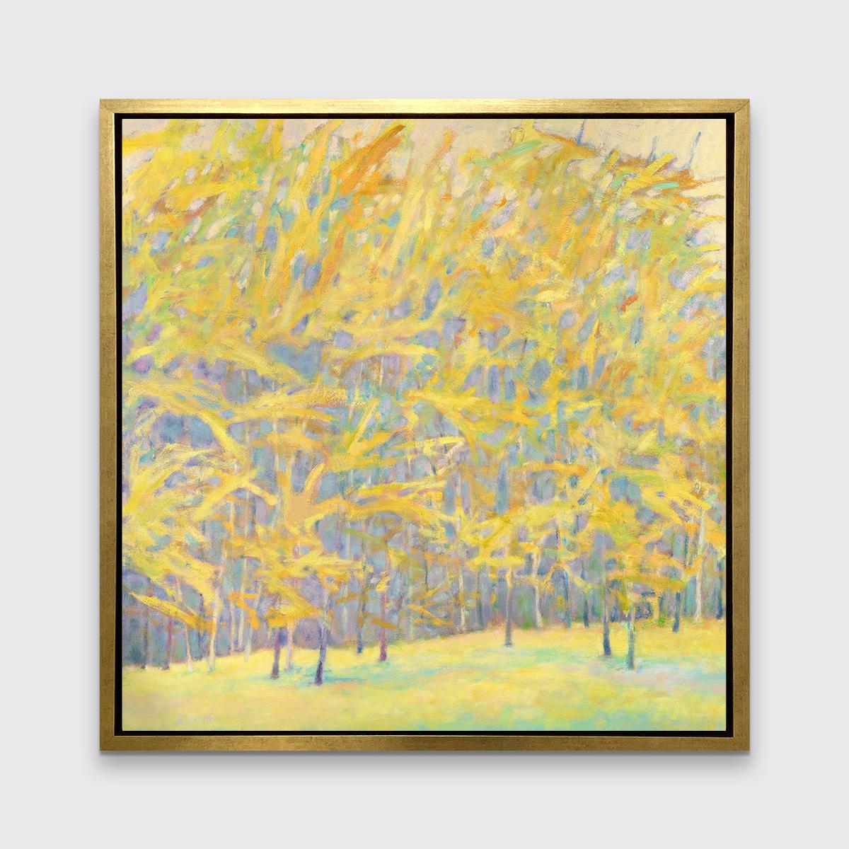 This abstract landscape limited edition print by Ken Elliott features a forest-scape with bright yellow tree leaves which are mirrored by the yellow foreground, all of which is complemented by the light violet shadows between the trees and light