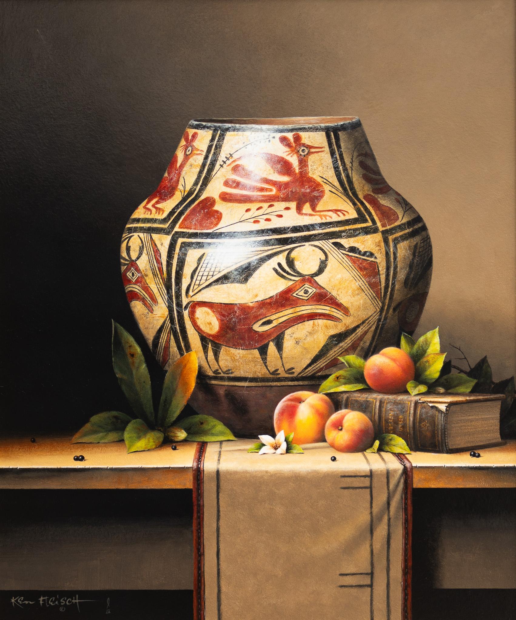 Ken Fleisch Still-Life Painting - "Autumn at Zuni" Still Life Native American Pottery Peaches Antique Book Realism