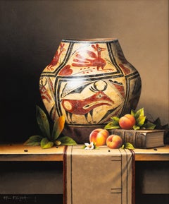 "Herbst in Zuni" Stillleben Native American Pottery Peaches Antique Book Realismus