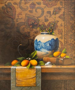 „Stillleben mit Apricots“, realistisches Gemälde in Acryl auf Leinwand