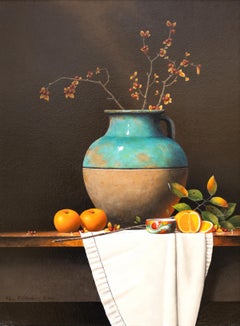 Natura morta con vaso blu e arance