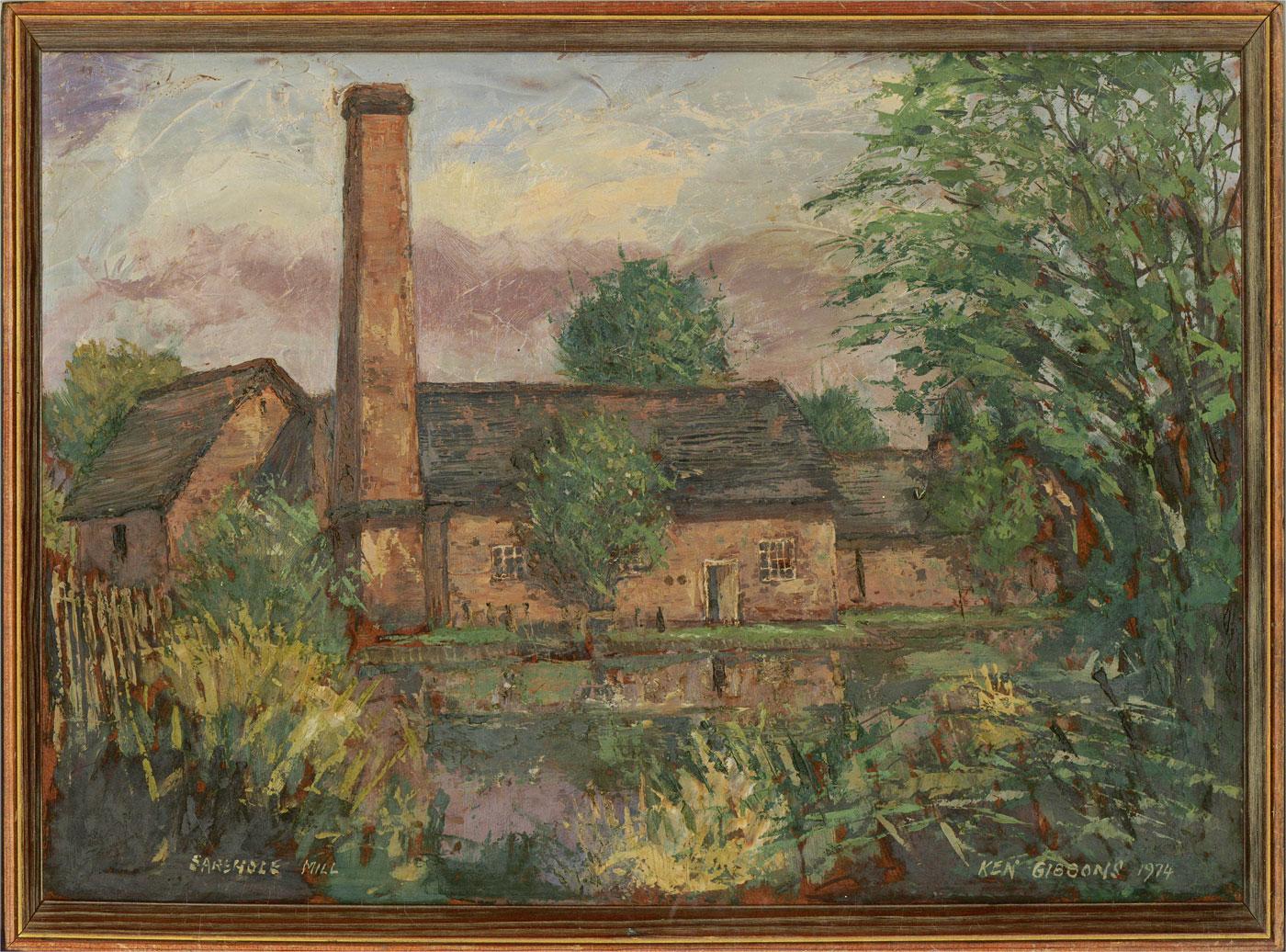 A charming oil painting by Ken Gibbons, depicting Sarehole Mill, a Grade II listed water mill, in an area once called Sarehole, on the River Cole in Hall Green, Birmingham, England. Signed and dated to the lower right-hand corner. Title inscribed to