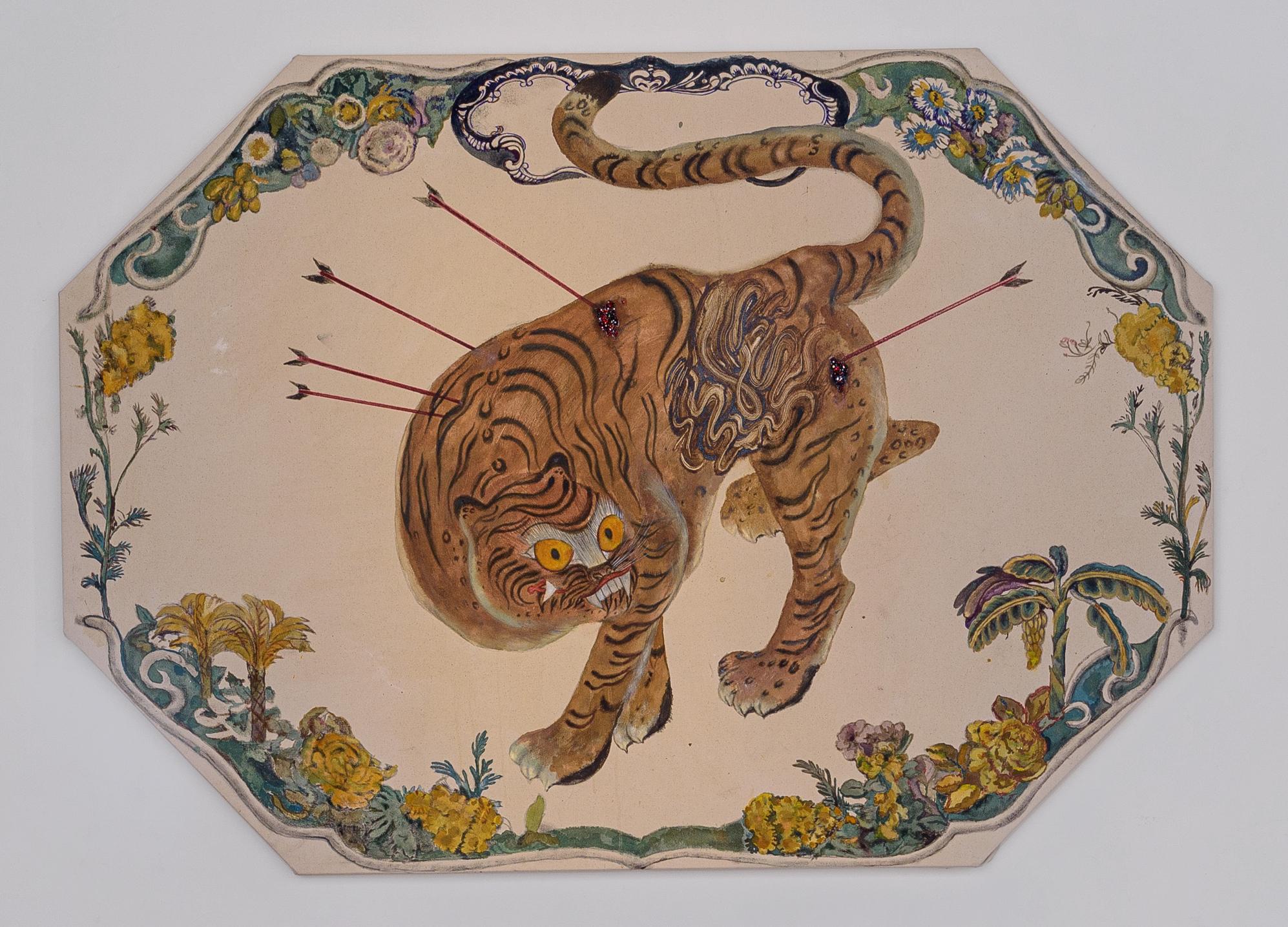 Ken Gun Min Animal Painting - Green Plate (tiger as St. Sebastian) 