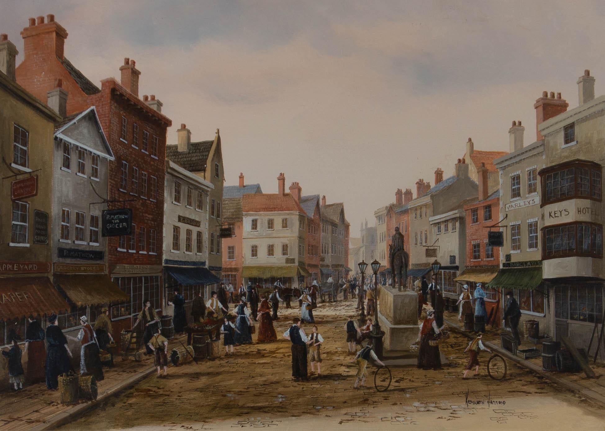 A very fine and detailed Victorian street scene. Crowds of figures mill about the streets, children playing with hoops along the cobbles and woman carrying baskets walking past. The artist has signed to the lower right corner and the painting has