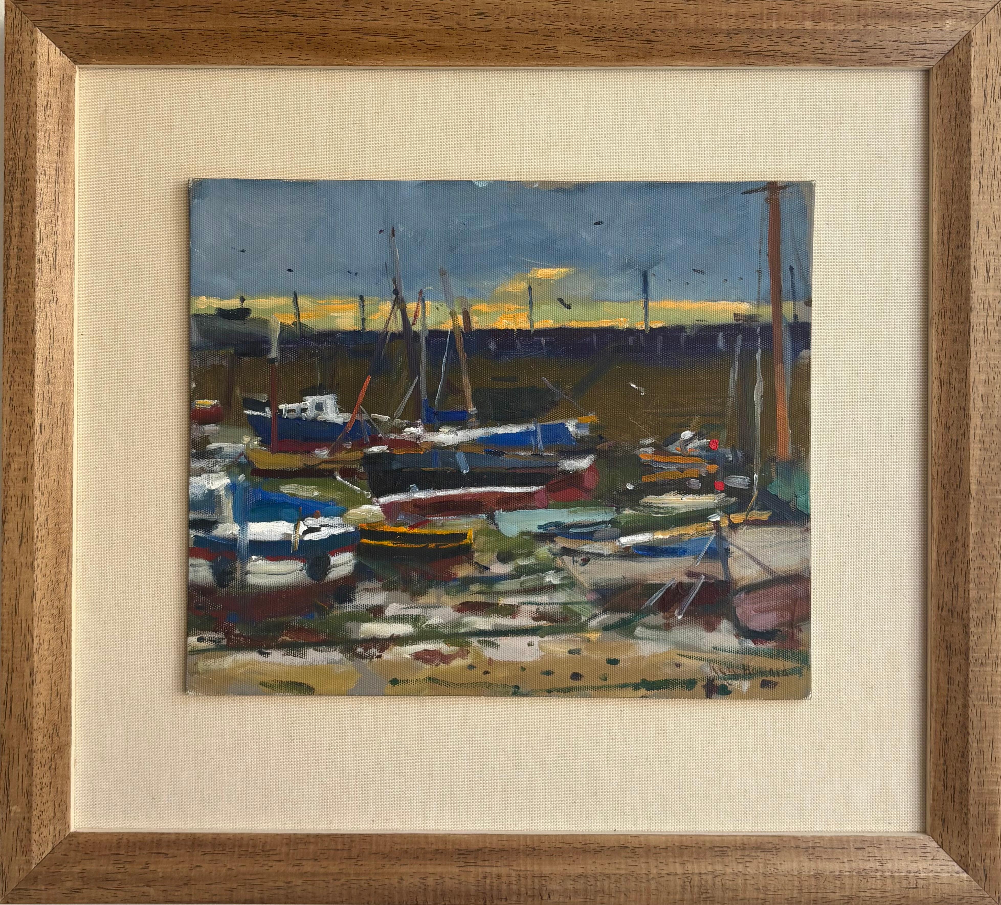 Moderno Ken Howard OBE RA (1932-2022) Olio su tavola, Mousehole at Low Tide, 1990 ca. in vendita