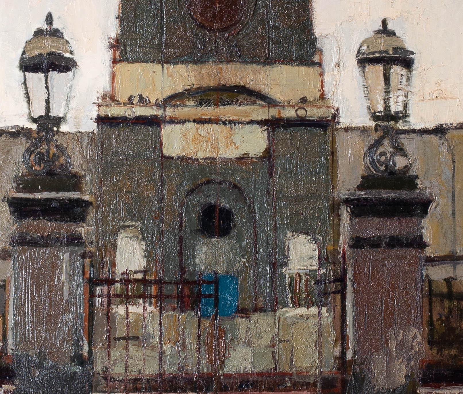 Ken Howard IBritish, born 1932)
‘St. Anne’s Church, Soho, London’
Oil on canvas, 
42 x 24 in. (106.7 x 61 cm.)
Signed  and inscribed on reverse of canvas under the reline (photo attached)
‘James K. Howard Rome & Abbey scholarships in painting 1958