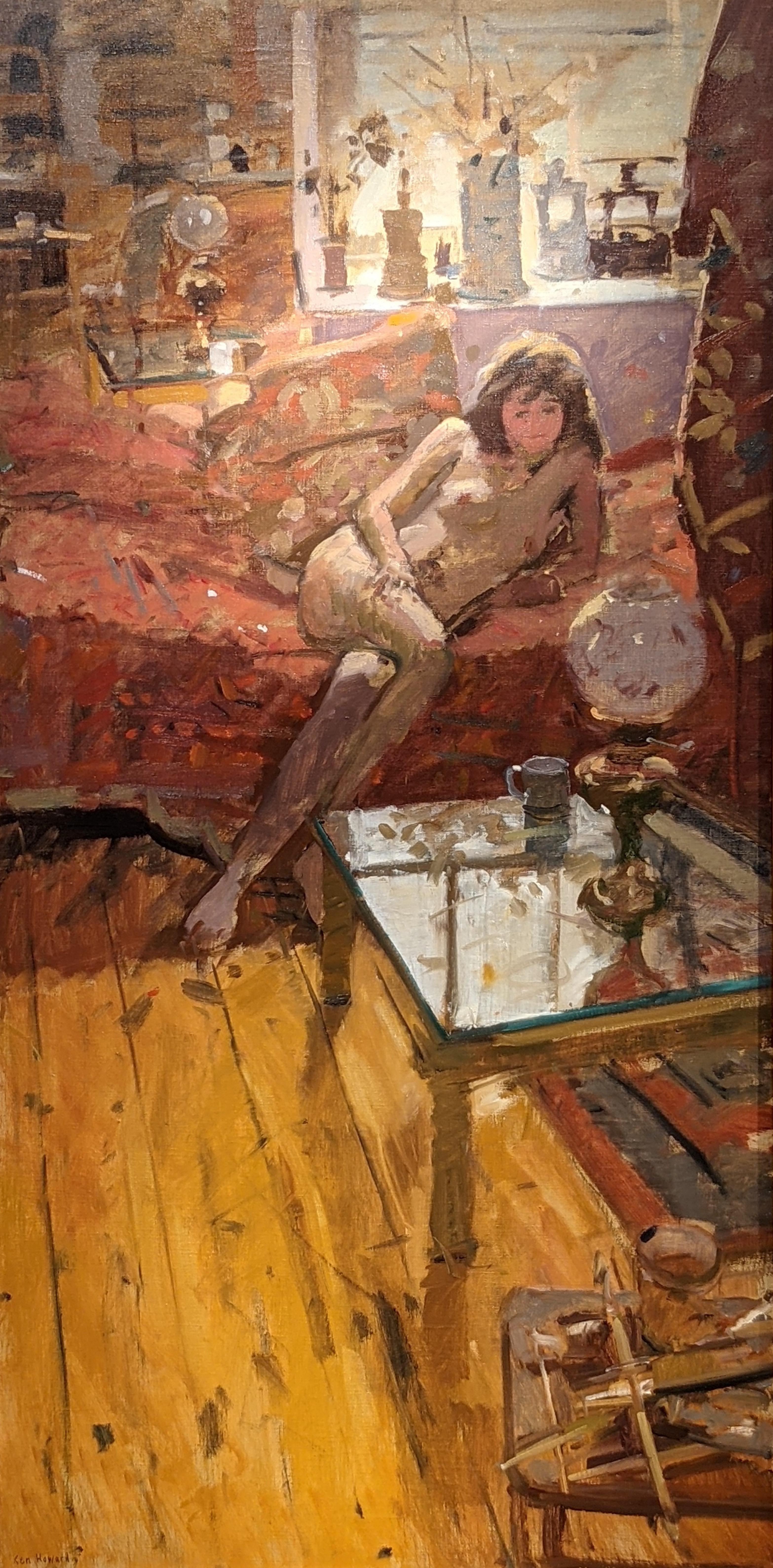 'Lizzie Resting' Interior Nude Figurative painting of a woman in studio - Painting by Ken Howard