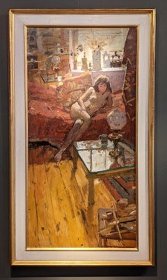 Vintage 'Lizzie Resting' Interior Nude Figurative painting of a woman in studio