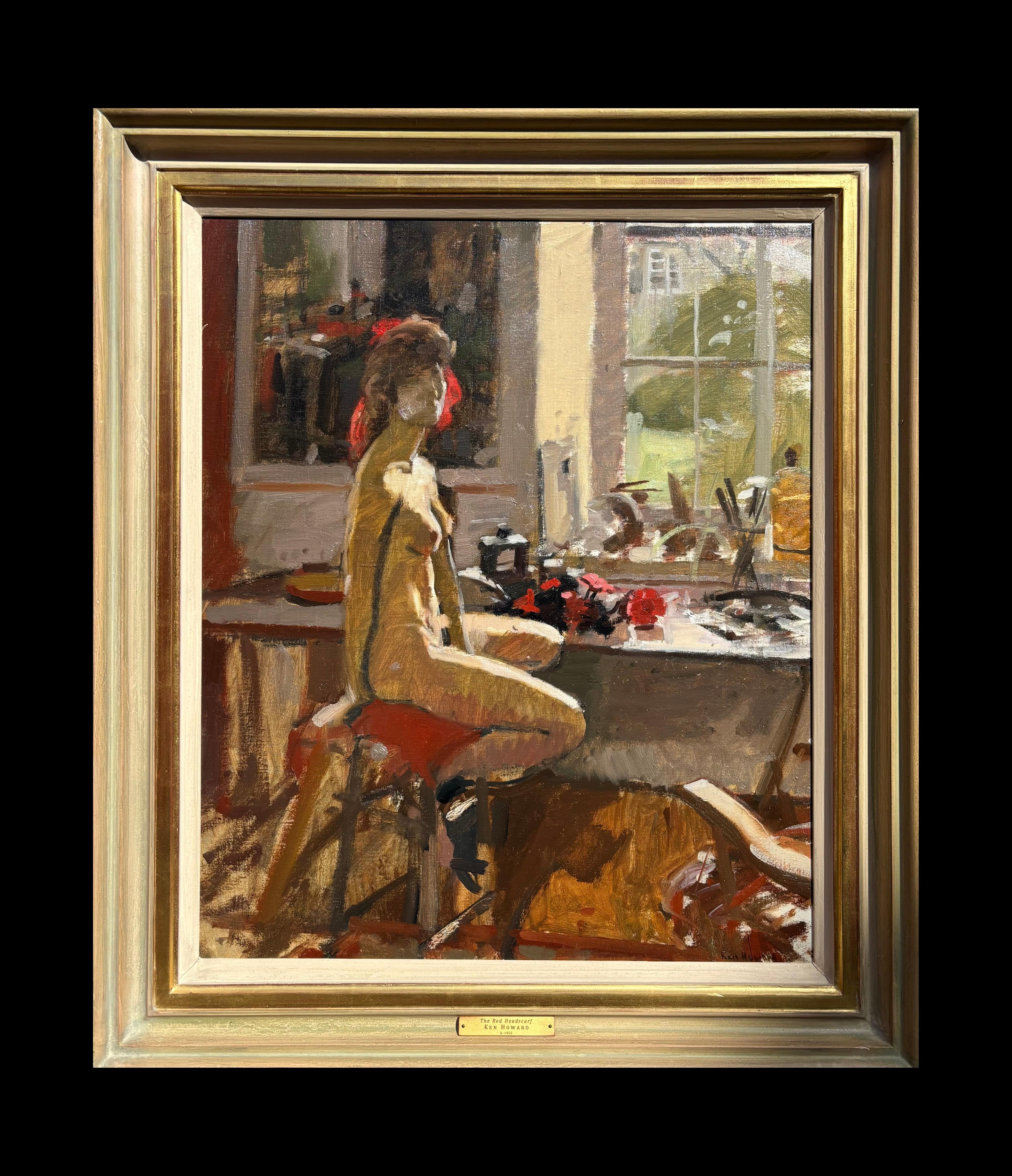 Ken Howard Figurative Painting - The Red Head Scarf, Impressionist Oil on Canvas, Signed, 20th Century