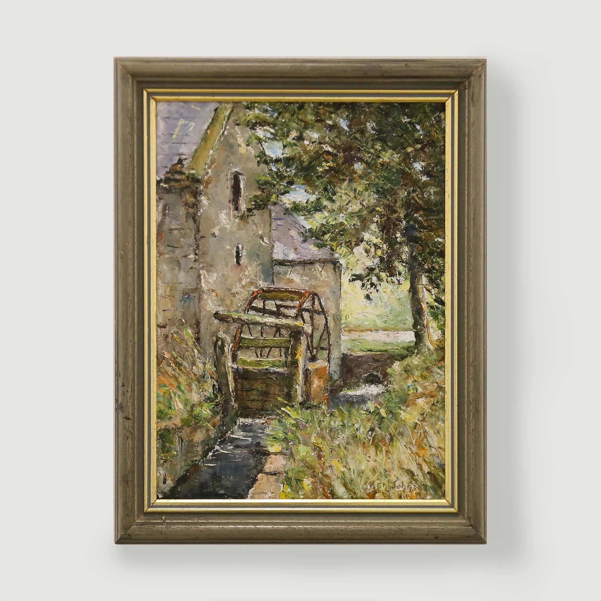 A captivating oil by 20th century artist Ken Johnson, depicting Kepwick Water Mill in the Yorkshire town of Thirsk. Signed in graphite to the lower right. Well-presented in a 20th century frame with a gilt inner window. On canvas board. 
