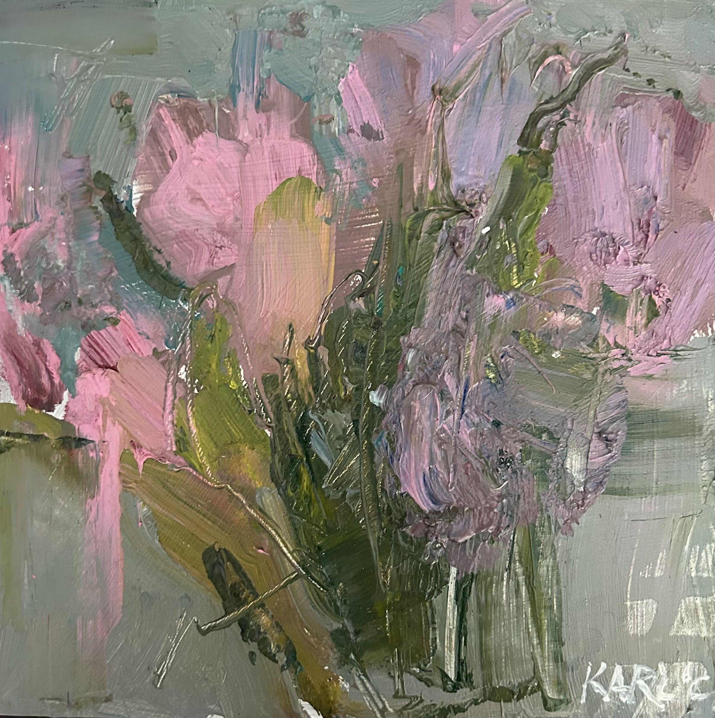 A fresh and expressive interpretation of a cluster of tulips :: Painting :: Contemporary :: This piece comes with an official certificate of authenticity signed by the artist :: Ready to Hang: Yes :: Signed: Yes :: Signature Location: lower right ::