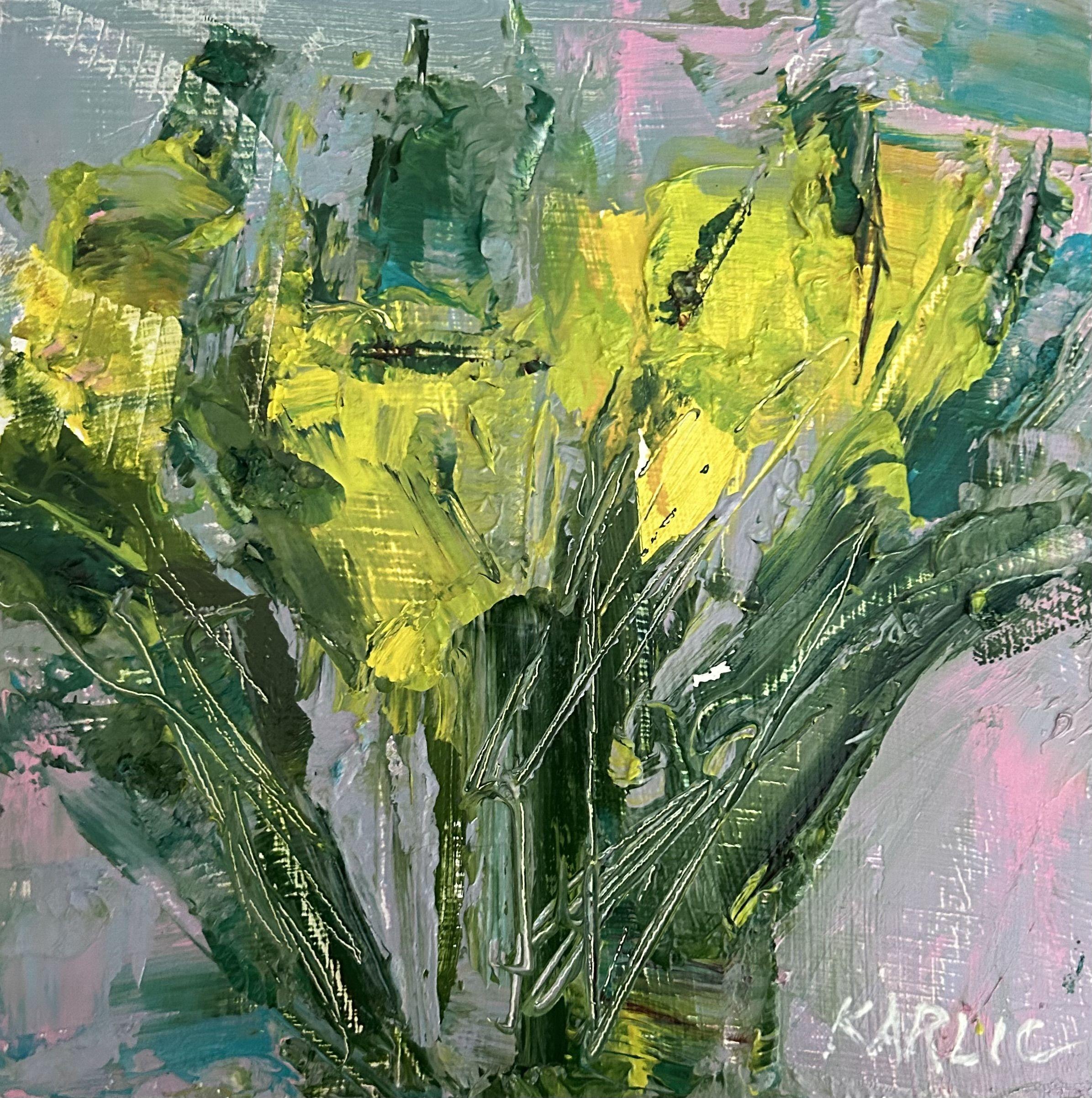 A spirited and lively interpretation of a cluster of tulips :: Painting :: Contemporary :: This piece comes with an official certificate of authenticity signed by the artist :: Ready to Hang: Yes :: Signed: Yes :: Signature Location: Lower Right ::