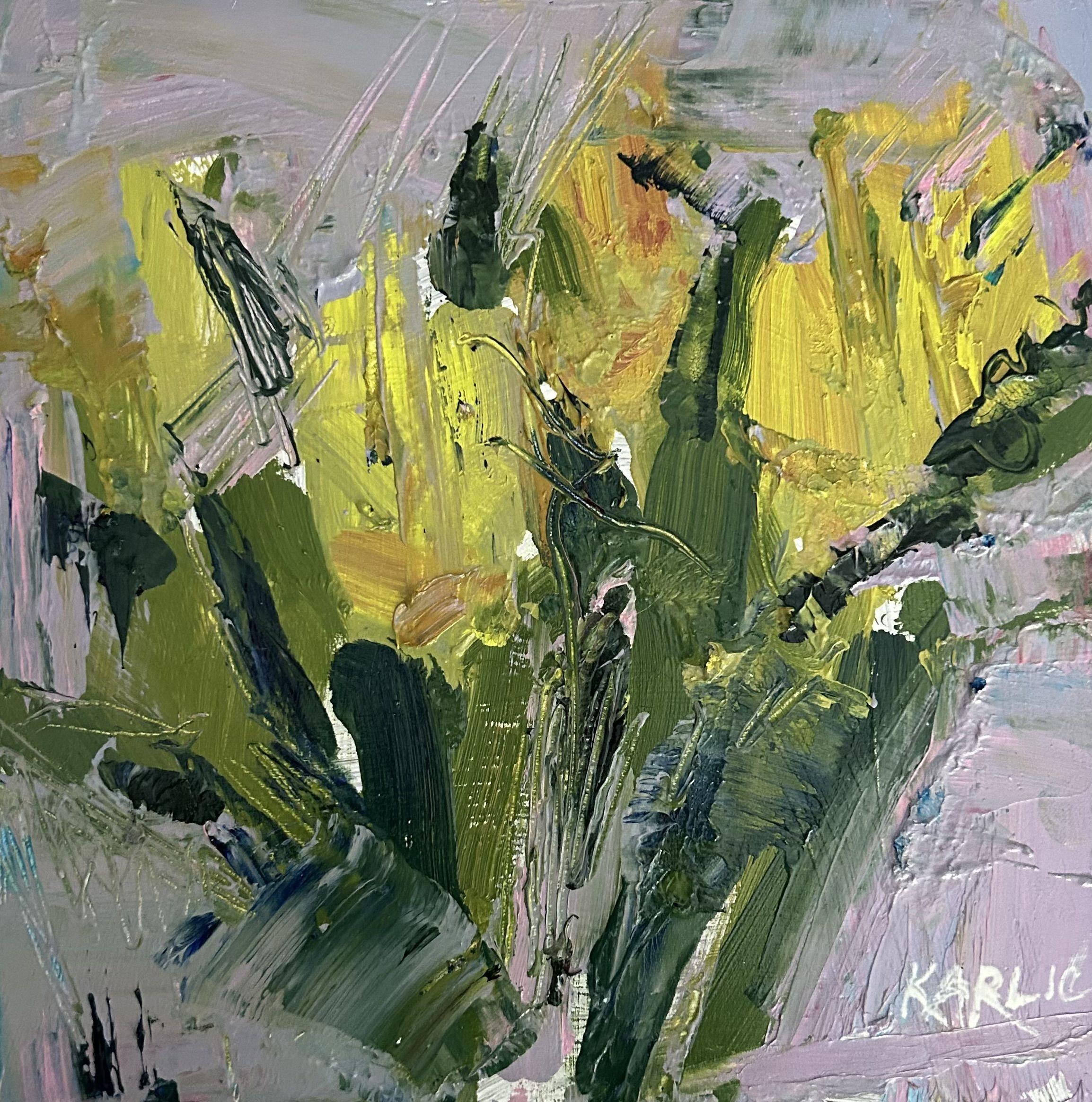 A spirited and lively interpretation of a field of tulips :: Painting :: Contemporary :: This piece comes with an official certificate of authenticity signed by the artist :: Ready to Hang: Yes :: Signed: Yes :: Signature Location: Lower Right ::