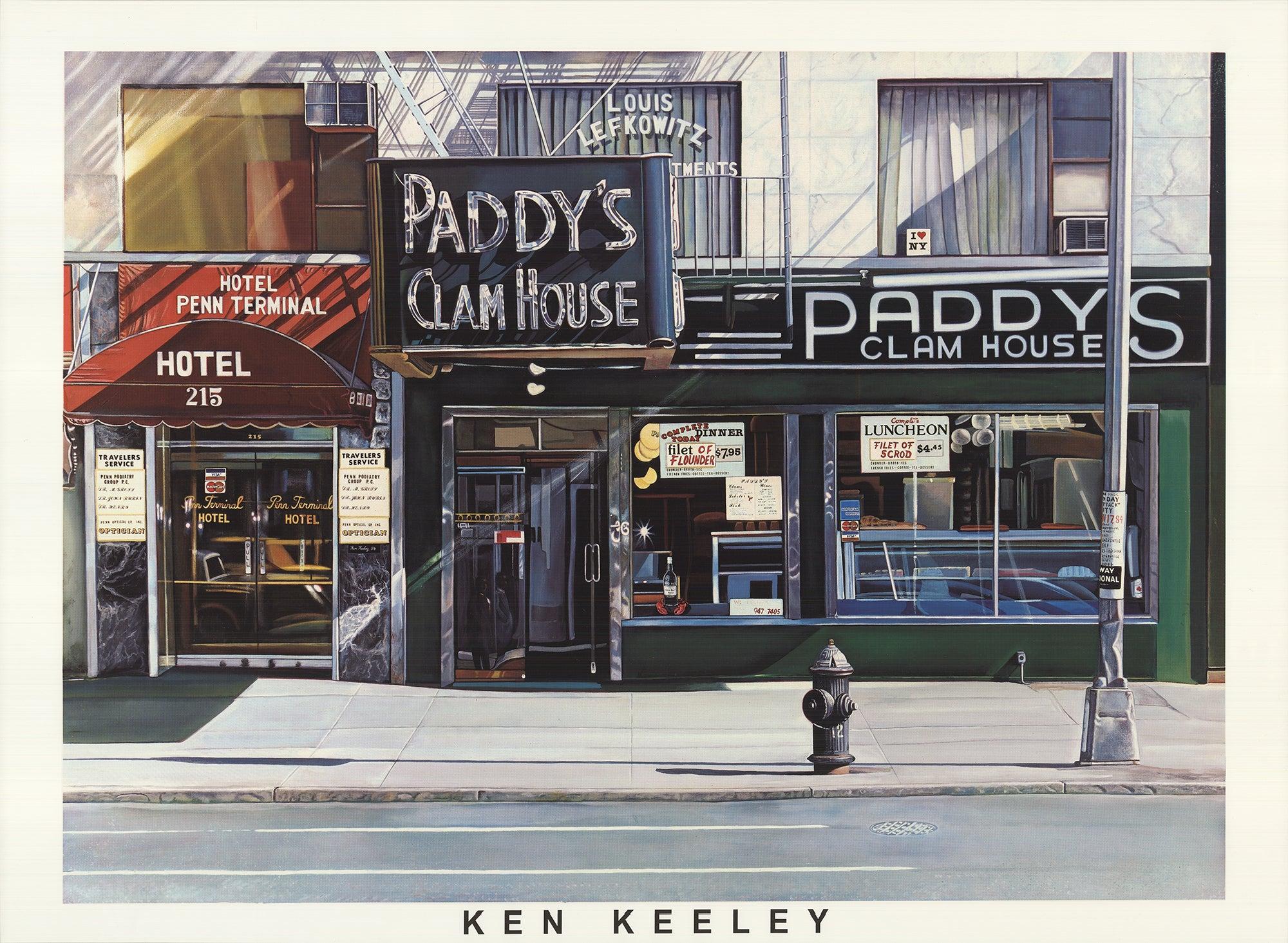 Questo poster presenta la rappresentazione fotorealistica di Ken Keeley dell'iconico punto di riferimento di Manhattan, la Paddy's Clam House. Conosciuto per la sua meticolosa attenzione ai dettagli e per la sua capacità di catturare l'essenza delle
