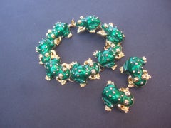 Ken Lane Green Enamel Frog Link Bracelet & Clip-On Earrings Set c 1990s